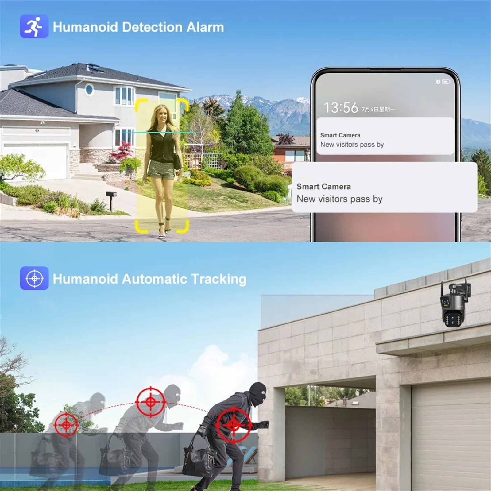 Telecamera IP 8MP 4K esterna PTZ Tre lenti Doppio schermo Zoom ottico 10X Monitoraggio automatico CCTV di sicurezza impermeabile Installazione semplice(WIFI 8MP Add 64GB)