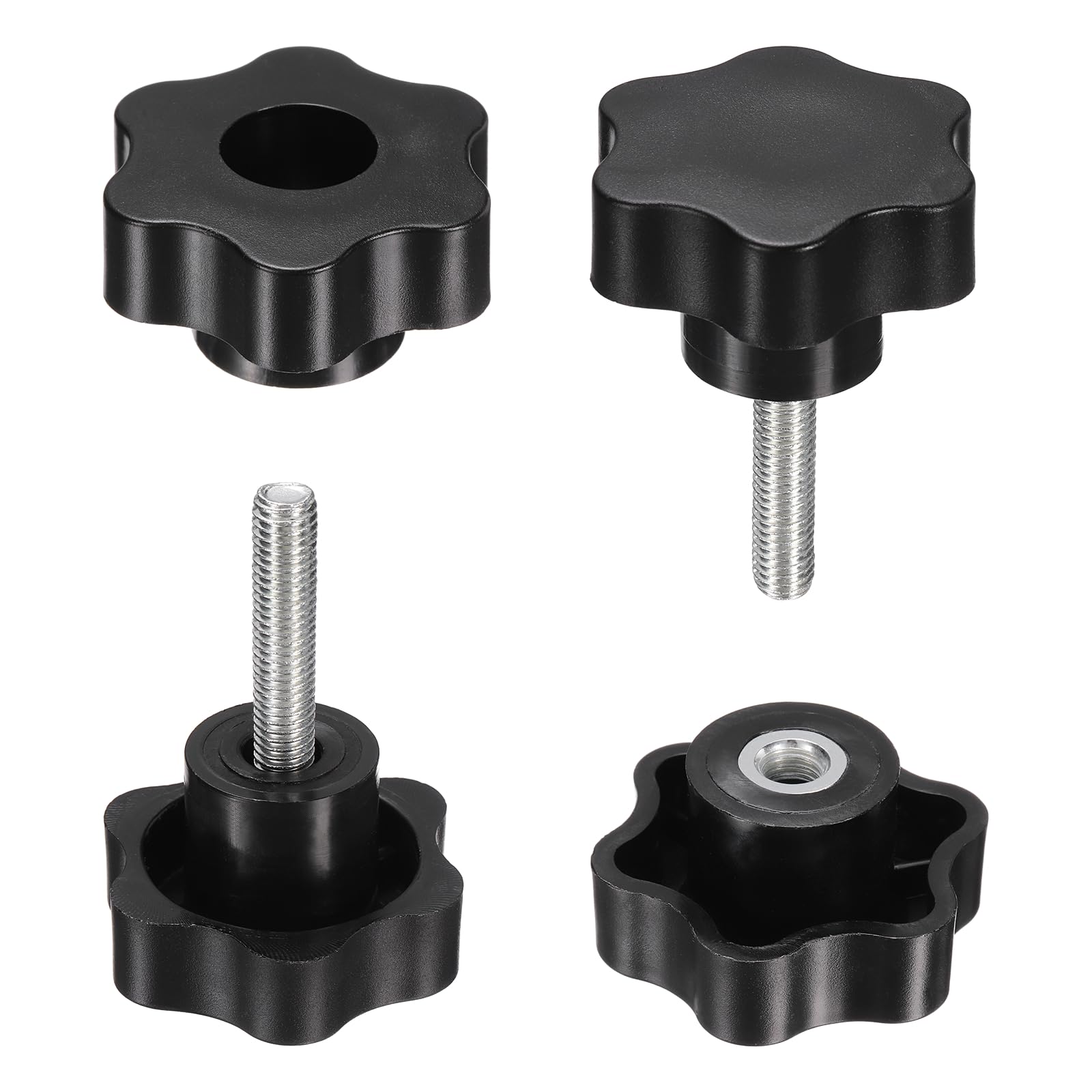 sourcing map 2 Set Star Knobs M8 x 30mm Male + M8 Female Thread 48mm Head Metric 6-Star Threaded Stud Clamping Handles Screw in Through Hole Hand Jig Knob Thumb Screws, Black
