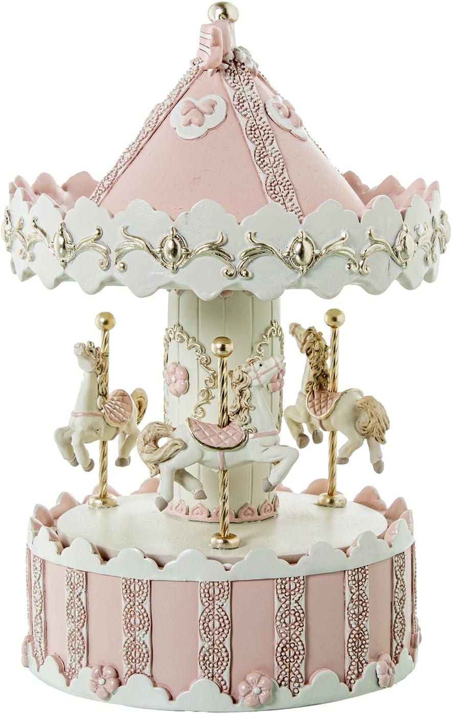 DRW White and Pink Resin Musical Carousel with String 12 x 12 x 19 cm