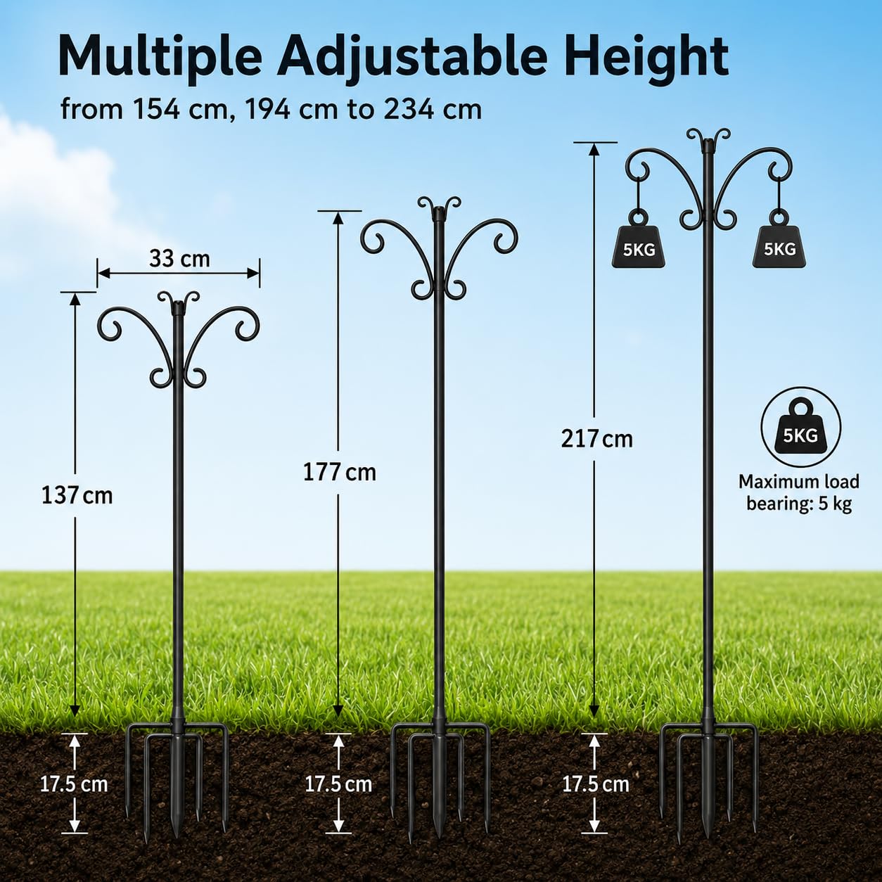 Hoofun Set di 2 ganci da giardino, 234 cm, mangiatoia per uccelli | Tubo in metallo da 19 mm, per esterni, con testa a farfalla e picchetto rinforzato per lanterne