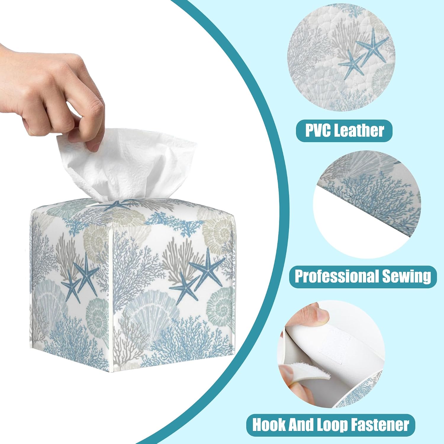 Marine Seashells Tissue Box Cover,Stars Coral Tissue Box Holder Square with Bottom Belt,Organizer Portable Decorative Facial Paper for Bedroom Dresser Night Stand Office Desk,5.2" x 5.2" x 5.2" image 3