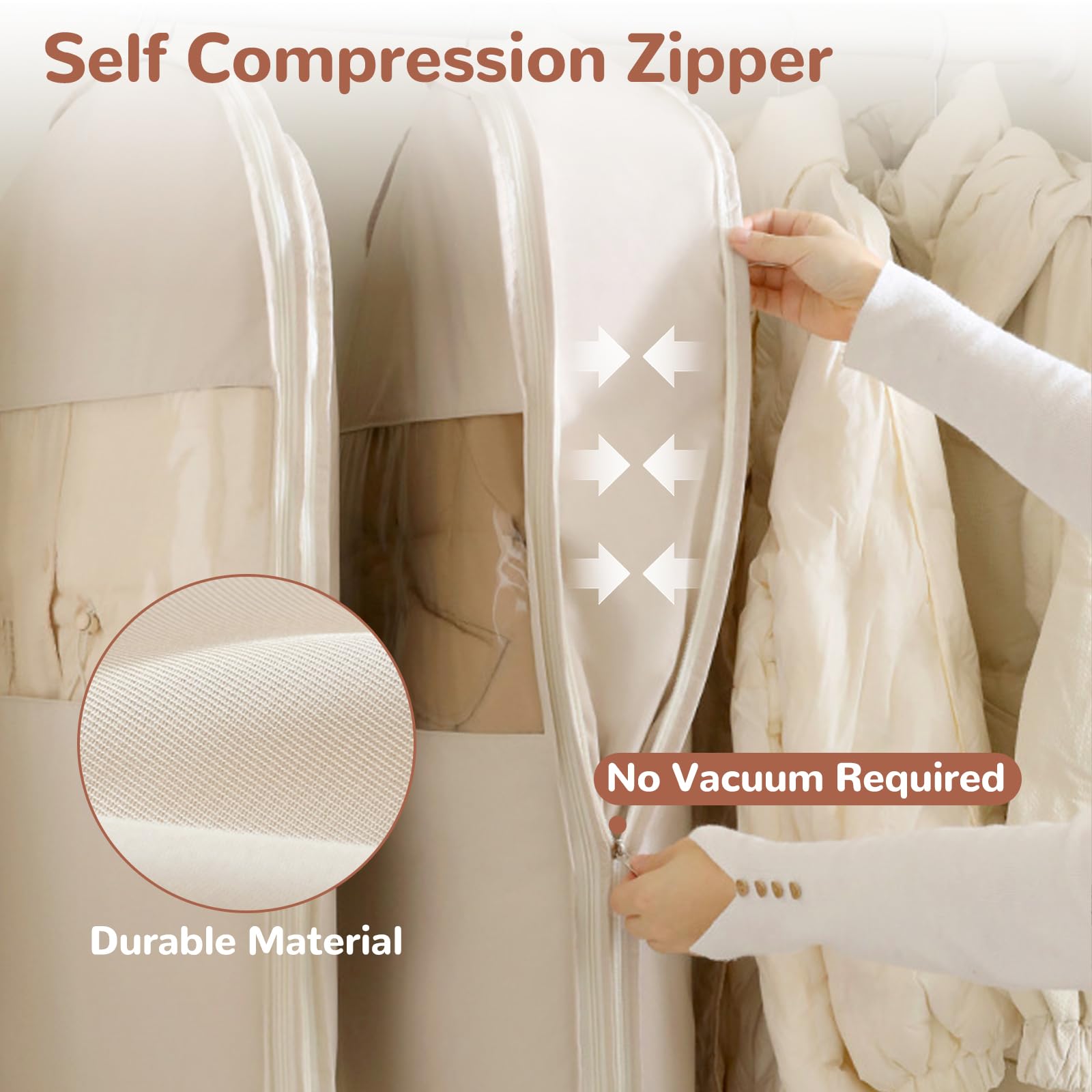 Custodia Porta Abiti da Appendere con Cerniera a Compressione, Copriabiti Salvaspazio per Cappotti, Traspirante Borsa Portaabito, Copertura Vestiti Copri Abiti per Giacca, 1Pc (Beige)