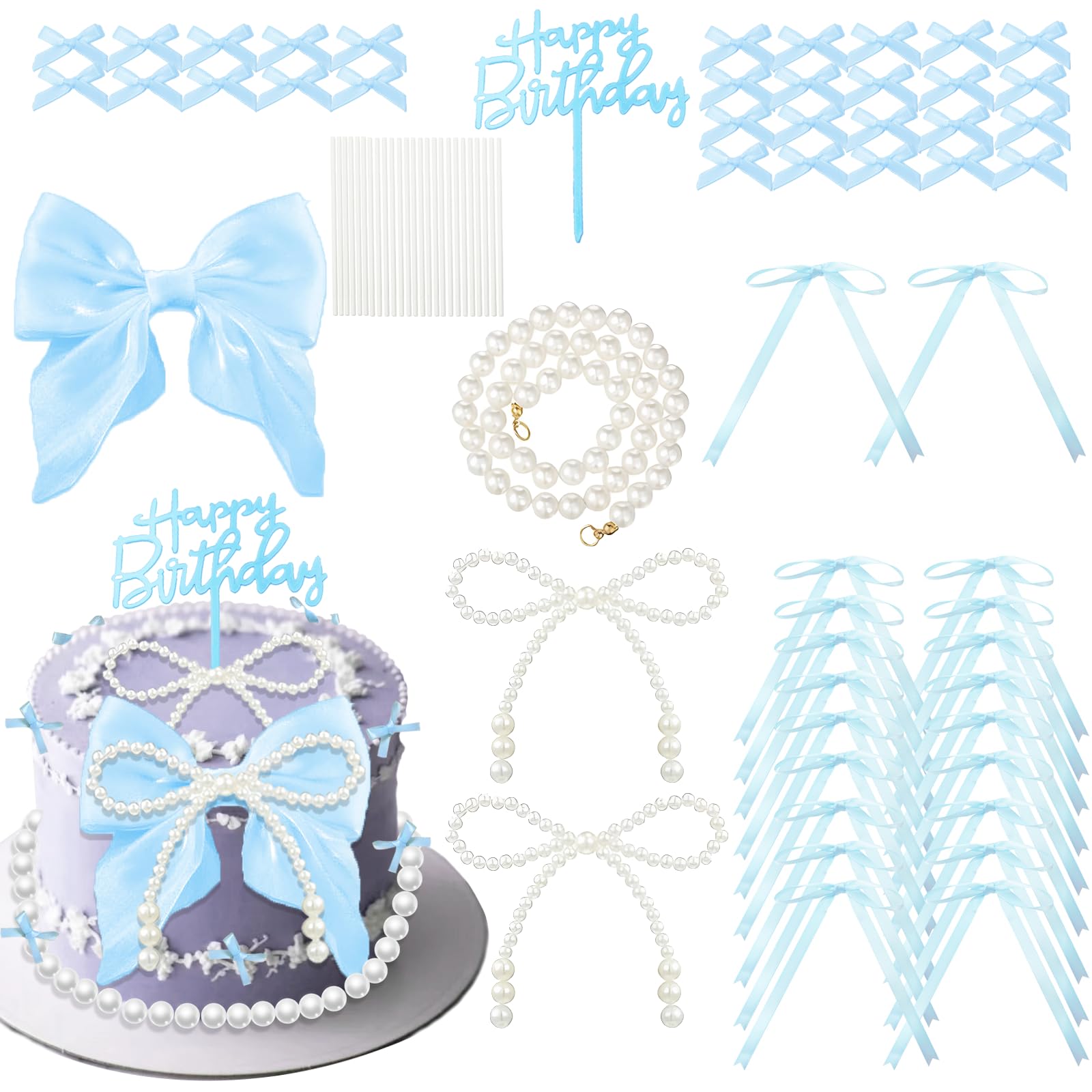 Photo 1 of ATCCPYDM Pearl Bow Cake Toppers (Blue, 54 Count)