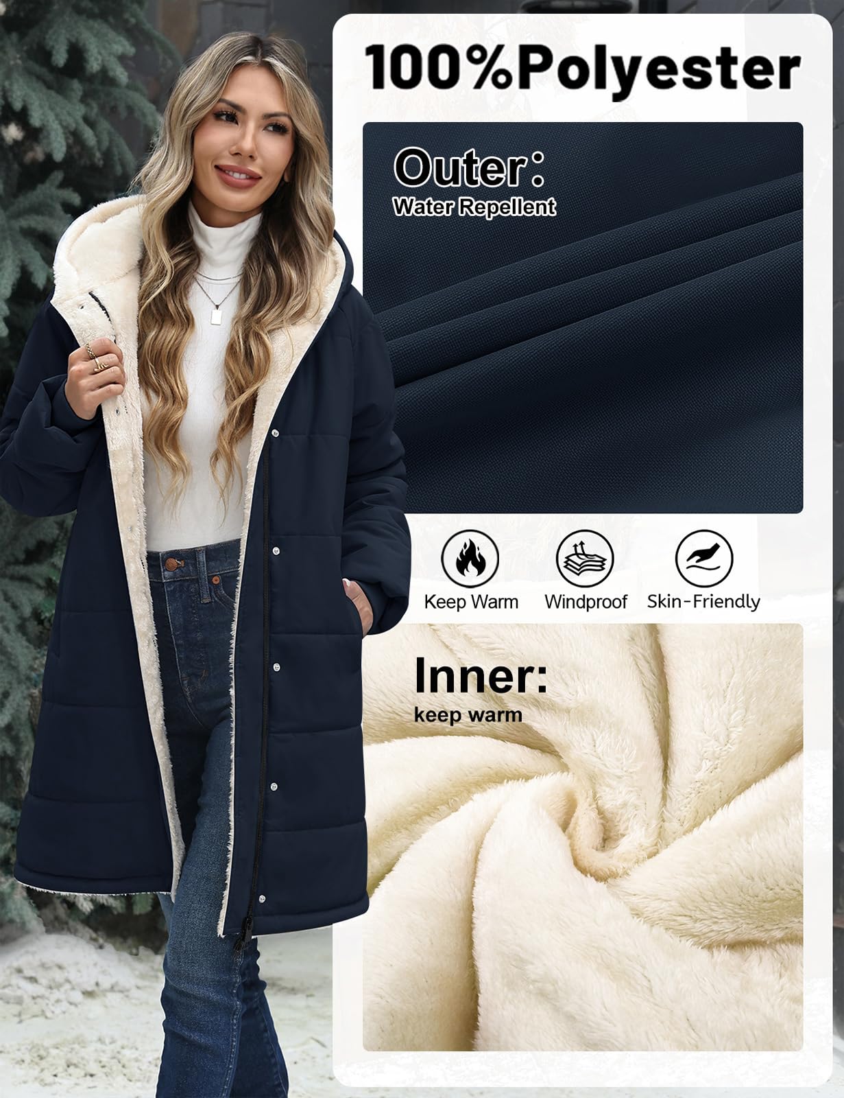 Vancavoo Abrigo de Invierno Mujer Medio Largo Acolchado Chaqueta Parka | Repelente al Agua, Forro Polar Cálido, Capucha Fija, Cremallera, Botones a Presión y Bolsillos Laterales