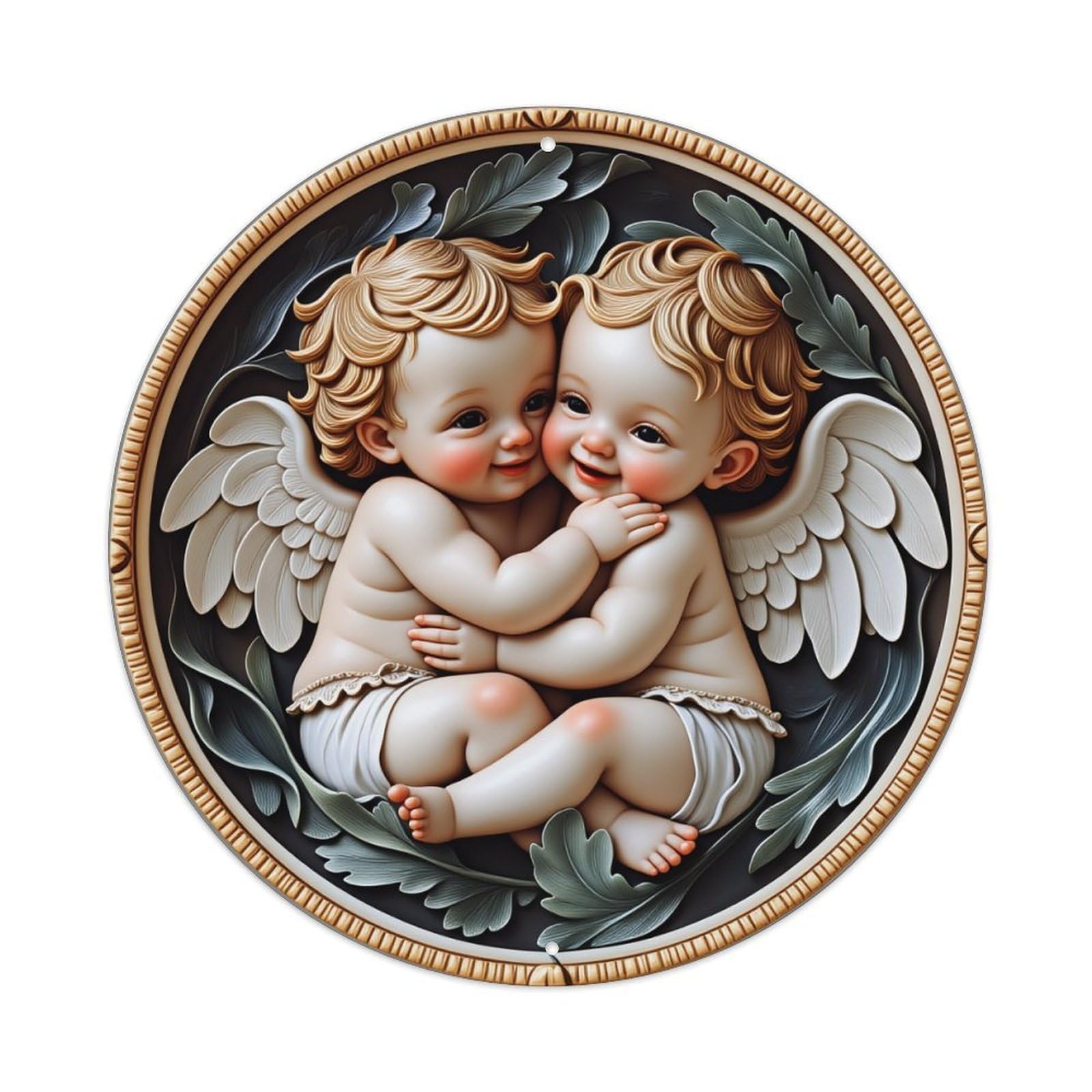 Angel Cherub Embrace Leaves Round Tin Sign Vintage Style Metal Sign Home Bar Garden Wall Plaque Decor Metal Poster 8x8 Inch