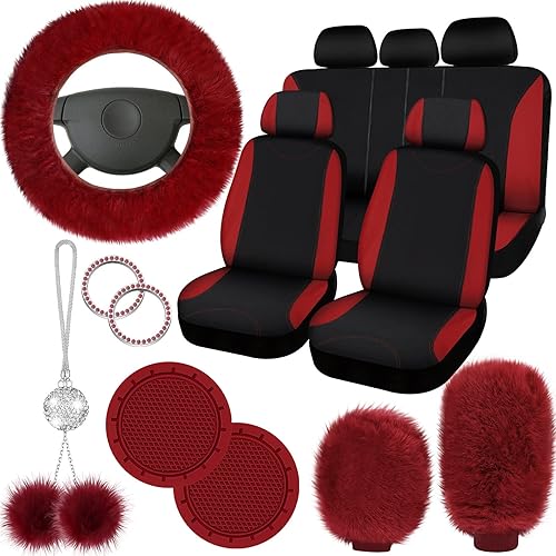 Miniatura 8 de Juego completo de 17 fundas de asiento de automóvil para mujer, ajuste universal, fundas de asiento delantero y trasero, fundas esponjosas de forro
