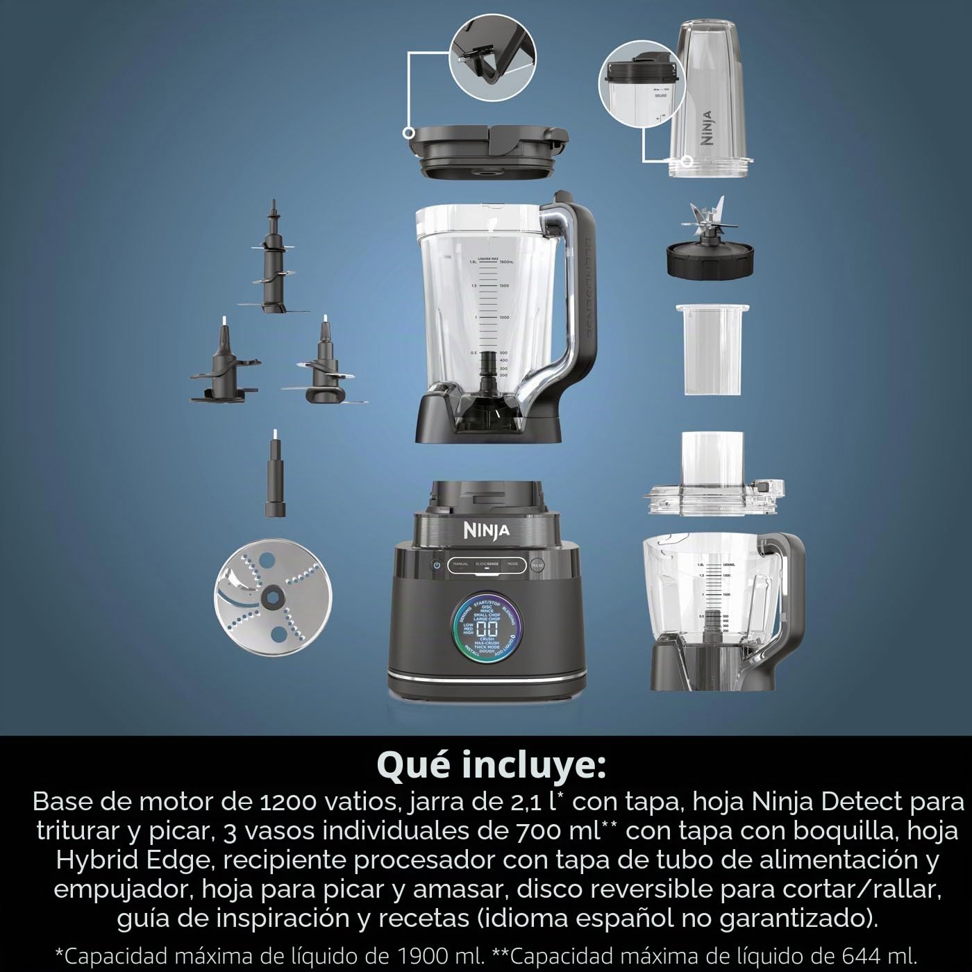 Ninja Procesador 3 en 1 Detect Power Blender Pro, potente licuadora de 1200 W, tazón de procesador de alimentos, hoja de masa, 1 taza de una sola porción, jarra, hacer masa de pizza, mezclar, picar y