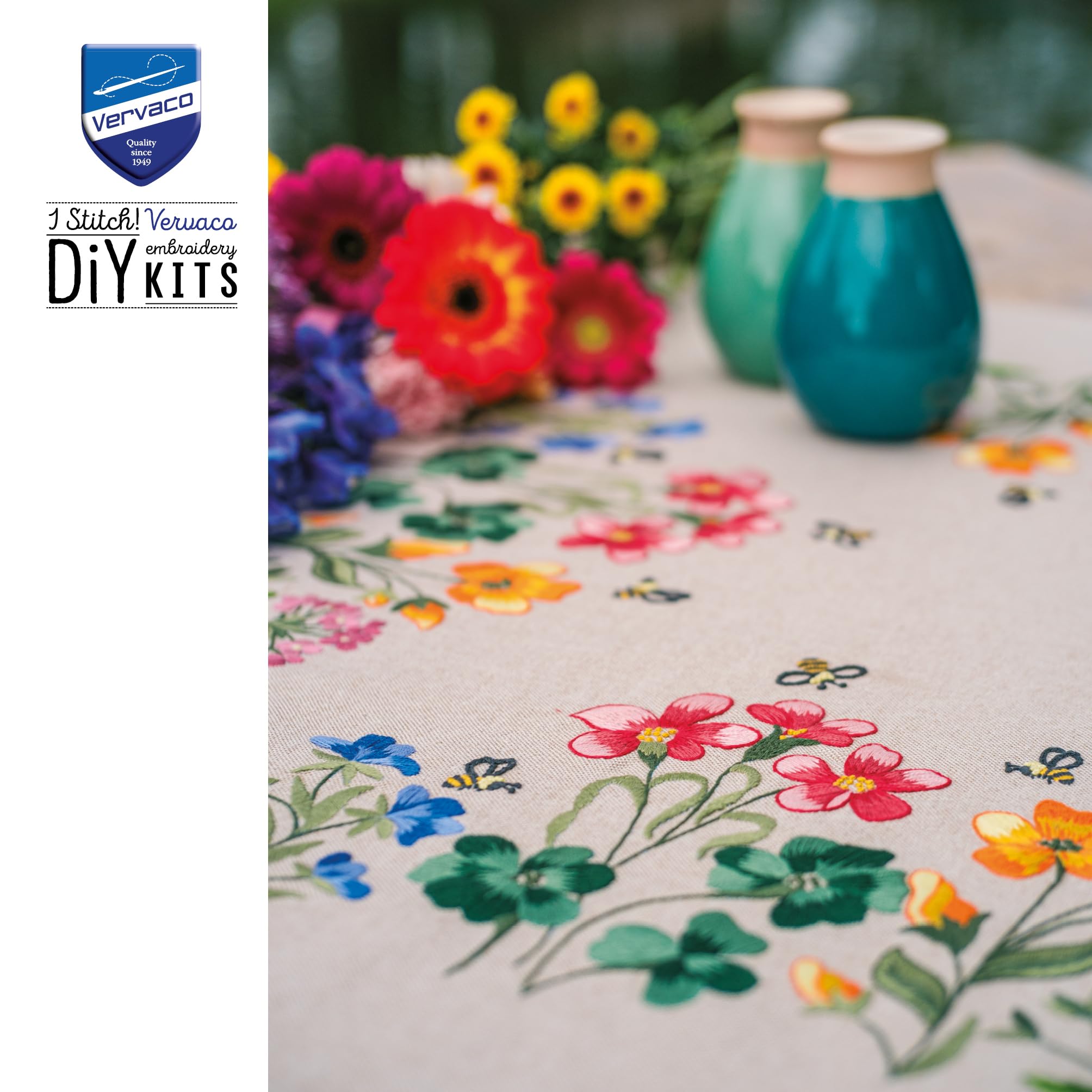 Vervaco Kit Bordado Mantel Set Completo Bordado Tela Impresa FLORES DE CAMPO Decoracion Para Manualidades Principiantes Completo DIY Adultos Set Creativo Regalo 72 x 72 cm Embroidery