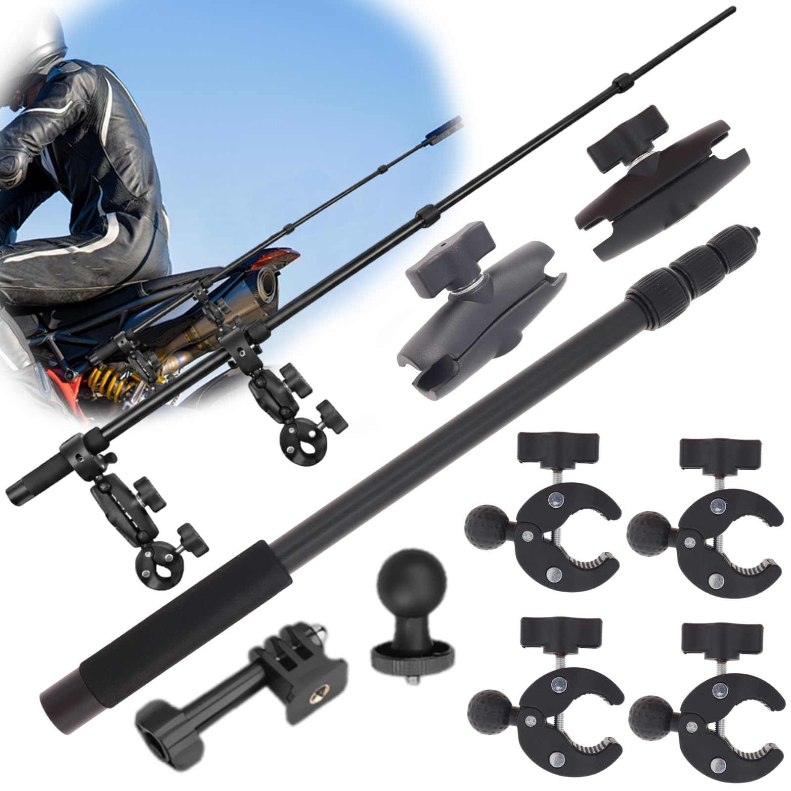 Motorrad-Halterung für Insta360 X5/X4/X3, 150 cm unsichtbarer Selfie-Stick | Doppelstütz-Klemmset mit 4 gepolsterten Rohrklemmen, 2 Verbindungsarmen und 40–150 cm Teleskop-Selfie-Stick.
