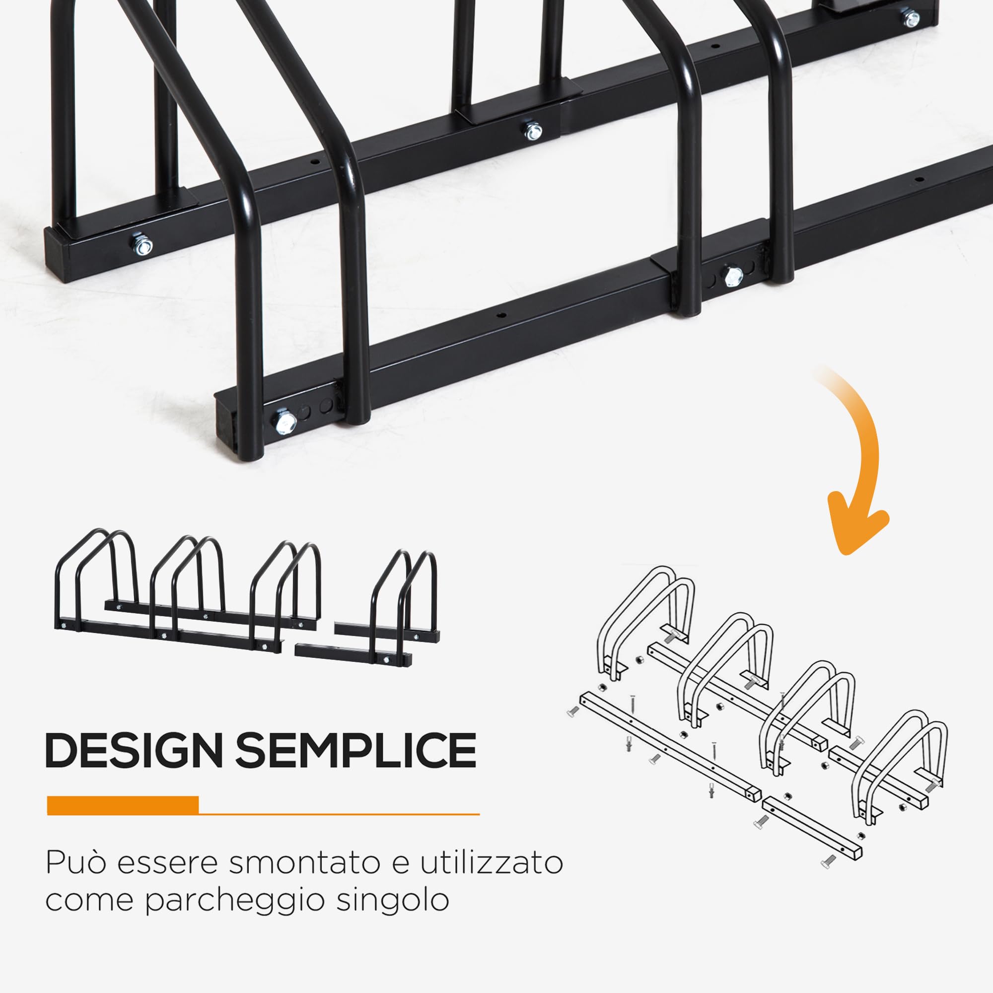 HOMCOM Rastrelliera Biciclette da Pavimento o Parete, Portabici da Terra per 4 Biciclette in Acciaio, Ruote Fino 65 mm, 110x33x27 cm, Nero