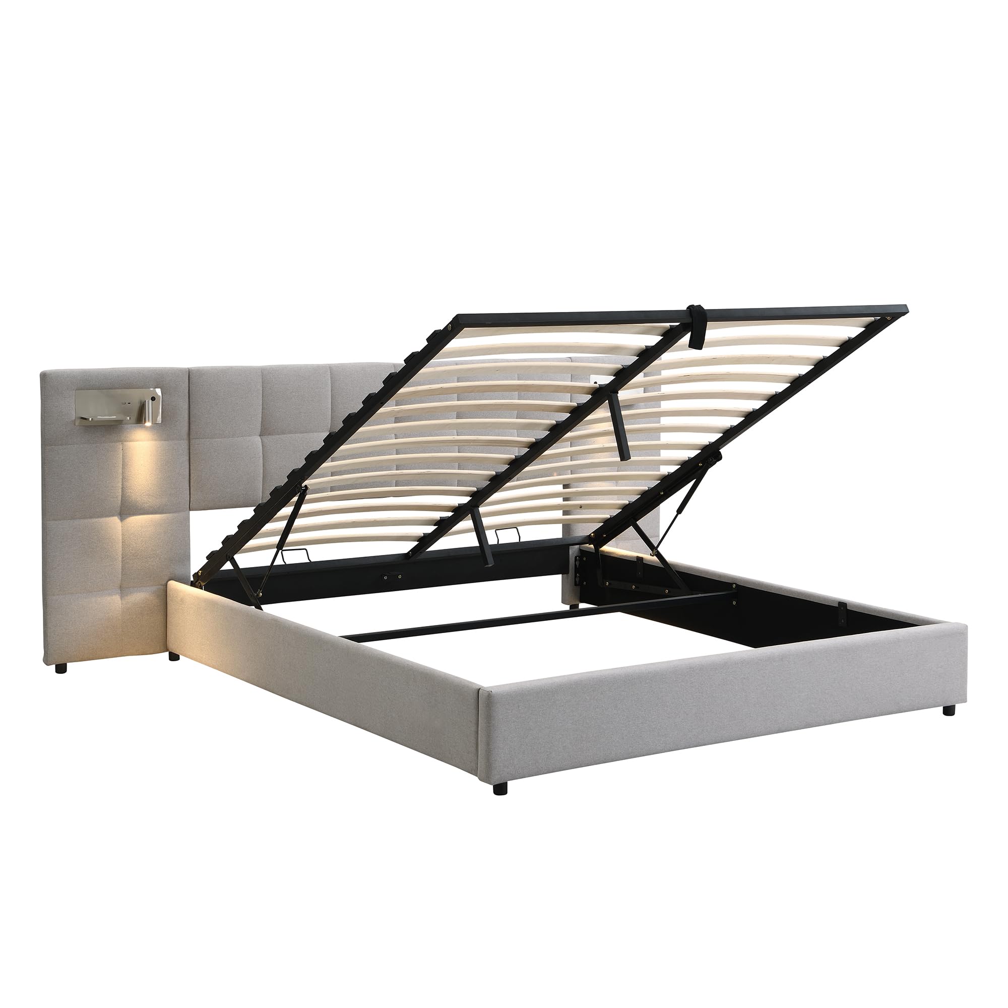 Dolamaní Cama tapizada para cama doble de 180 x 200 cm con espacio de almacenamiento, cama hidráulica con somier y cabecero funcional extra grande, para adultos y jóvenes, lino (gris)