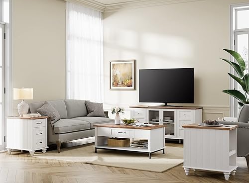 Miniatura 8 de WAMPAT Soporte de TV con luz LED de granja para televisores de hasta 75 pulgadas, soporte universal de TV de vidrio y madera con 4 puertas de