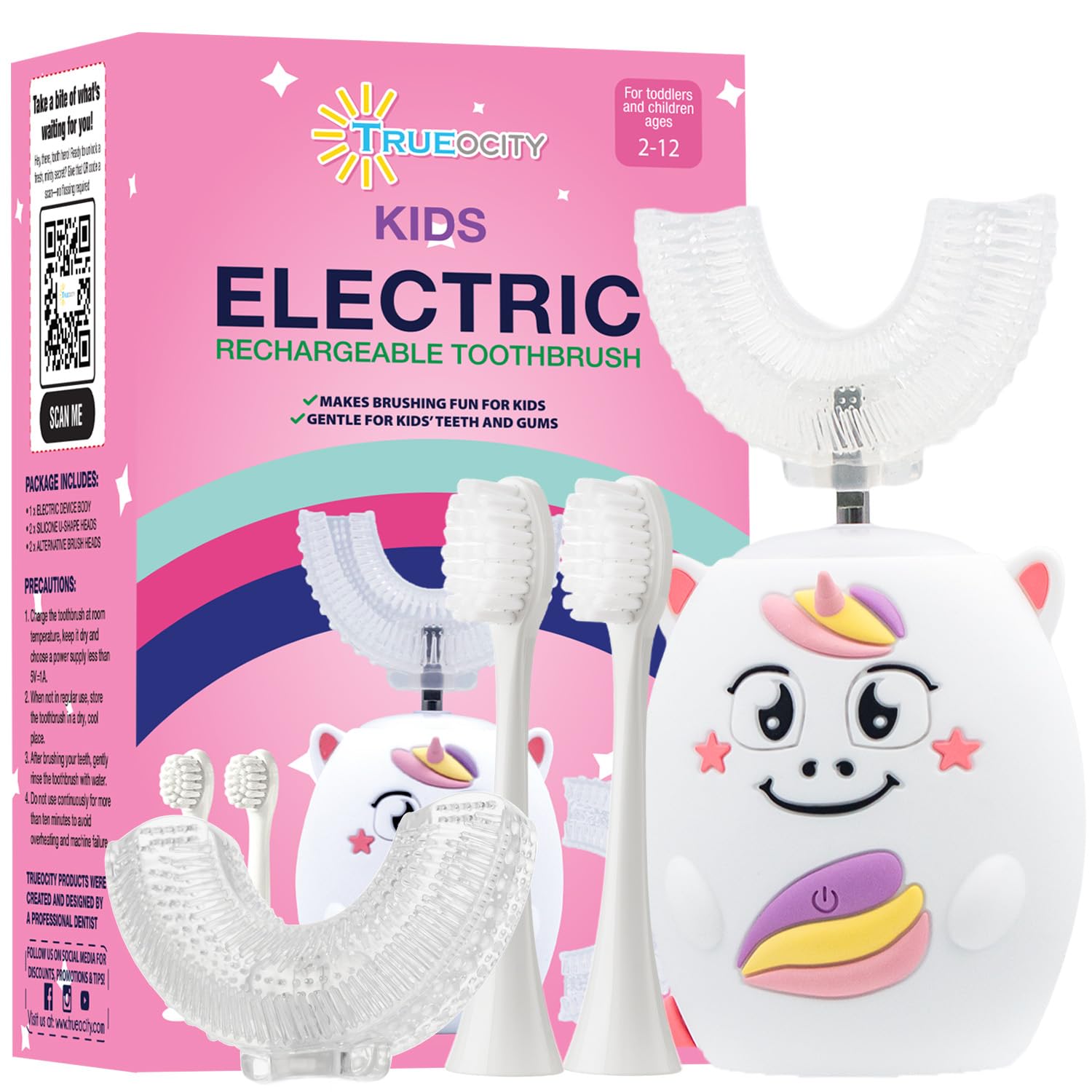 Trueocity Kids Toothbrushes U Shape, Kids Automatic Toothbrush, Toddler Toothbrush U Shaped, U Toothbrush Kids, Auto Toothbrush, Rechargeable Electric Brush Age 2+, Children's Toothbrush (Unicorn)