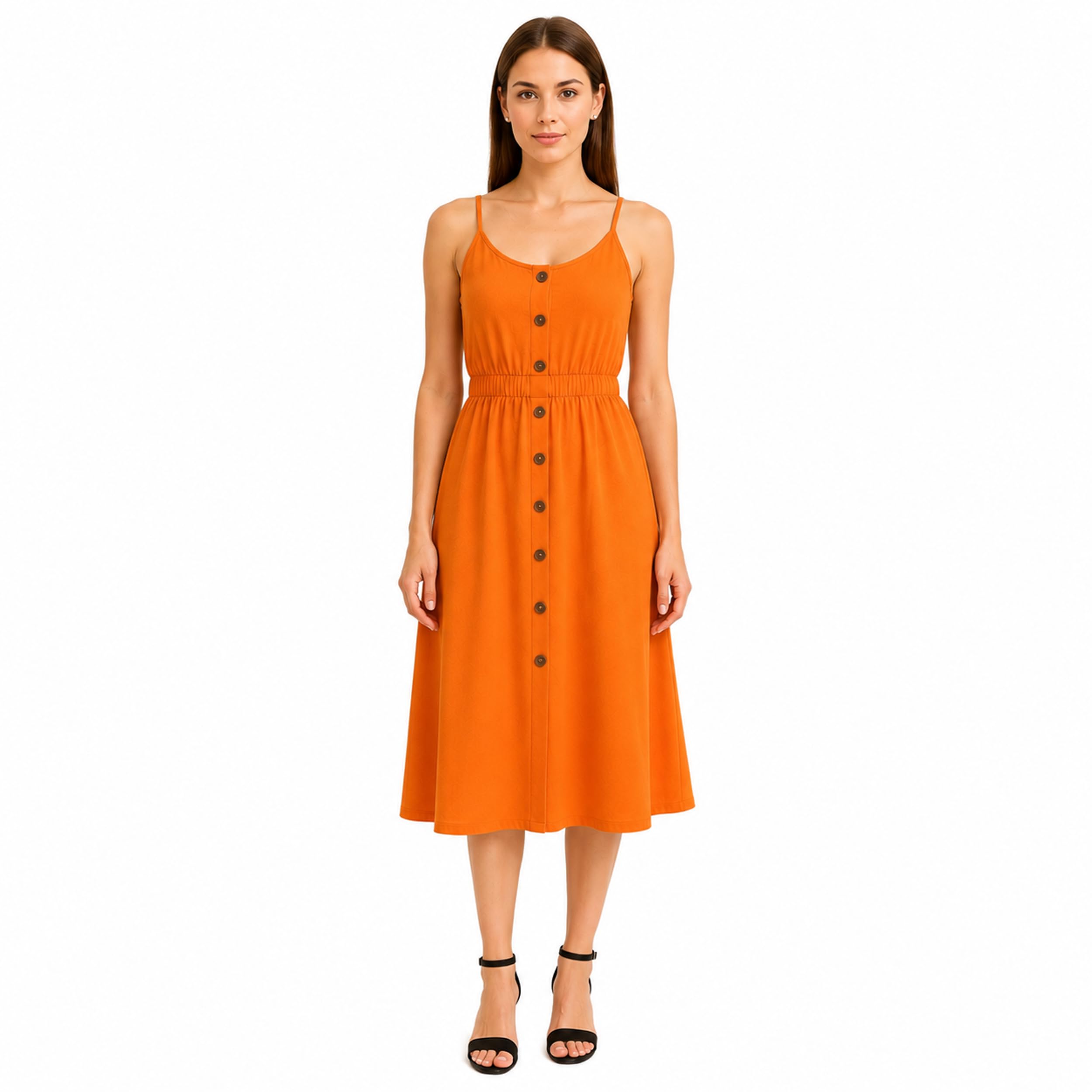 es-uk Women's Button Down Midi Sundress – Sleeveless Spaghetti Strap Summer Dress, Elastic Waist – Casual A-Line Tank Dress for Beach, Vacation & Everyday Wear (Orange, 3XL)