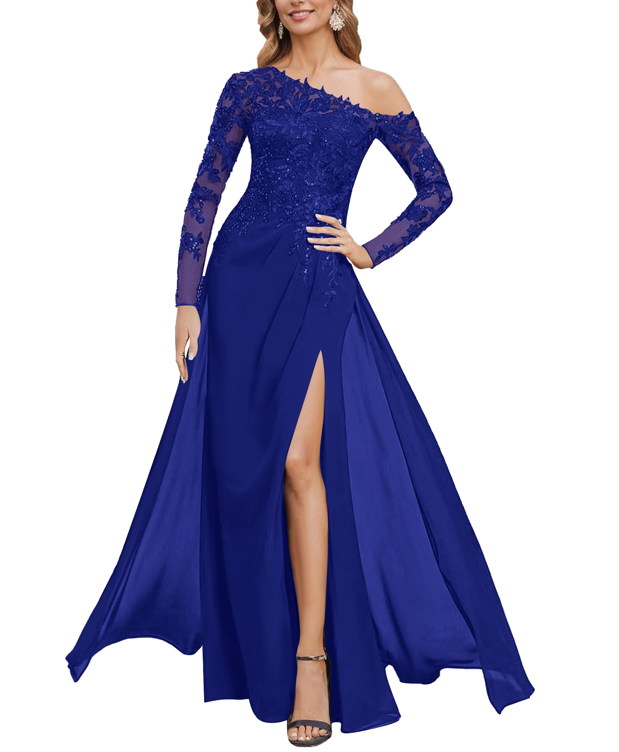 Mother of The Bride Dresses for Women Sequin Lace Chiffon Off Shoulder Long Formal Evening Dress with Slit