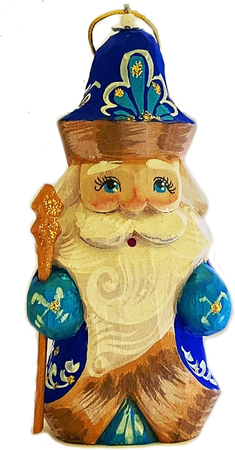 Santa Claus Christmas Decoration Ornament Russian Wooden Hand Made Carved Hand Painted 3 1/2 Inch, Blue with Red and Gold