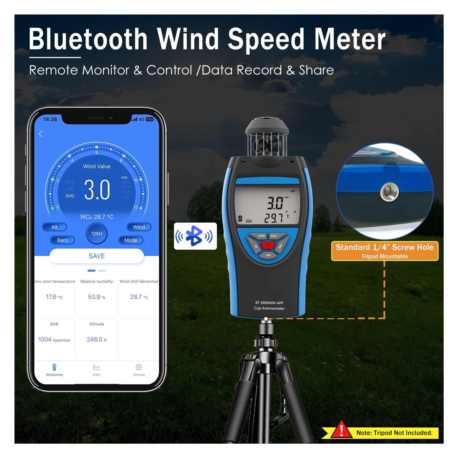 Anemómetro digital de 0,3~42 m/s, velocidad del viento por Bluetooth, volumen aire promedio HVAC, altitud CFM, barométrico, 8806-WM-APP