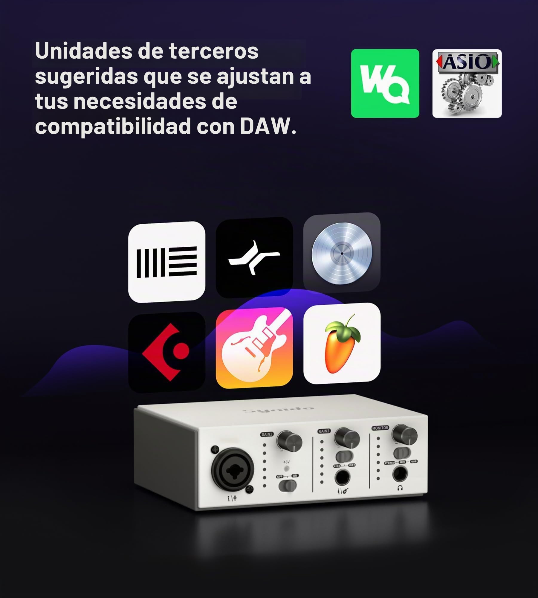 Synido Interfaz de audio USB C para grabación de música, streaming, podcasting con XLR, entrada de línea, 24 bits/48 kHz, alimentación fantasma de 48 V, 2 canales, color plateado