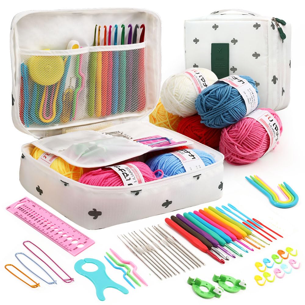 KIZAMI 59 Pezzi/Set Rosa 24 * 18 cm Kit per Principianti all'Uncinetto, Set Completo di uncinetti con Design ergonomico, Kit per Principianti di Filato, Principianti