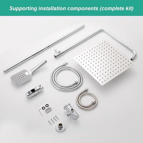 OFFO Colonna Doccia Senza Miscelatore, Asta Doccia Saliscendi con Soffione Pioggia 30x30cm e Doccetta 3 Getti, Asta Doccia Regolabile in Altezza 86-120cm, Tubo Acciaio Inox Antitorsione 1.6m, Cromo - 7