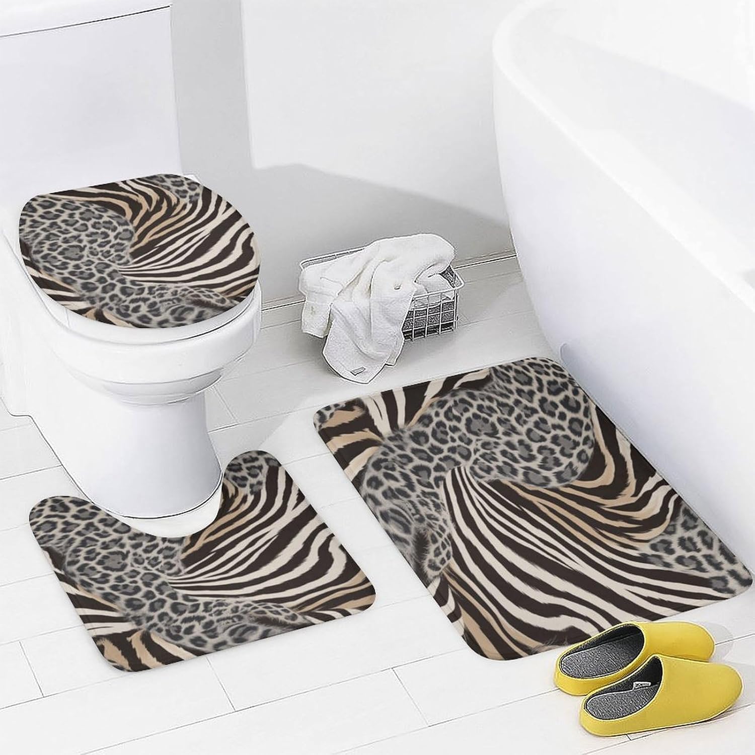 4PCS Modern Zebra Fur Pattern Shower Curtain Set 72W X 72L, Retro Leopard Print Print Bathroom Decor, Toilet Lid Cover Non-Slip Rugs and U-Shaped Mat Set 12 Hooks