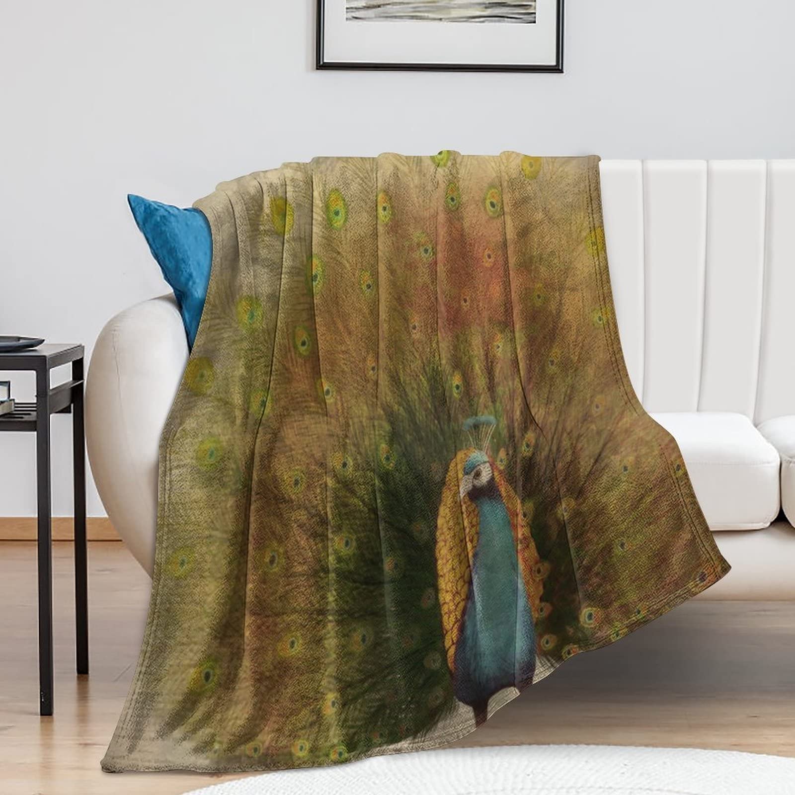 Couverture en polaire antique imprimé paon sauvage jeté de lit