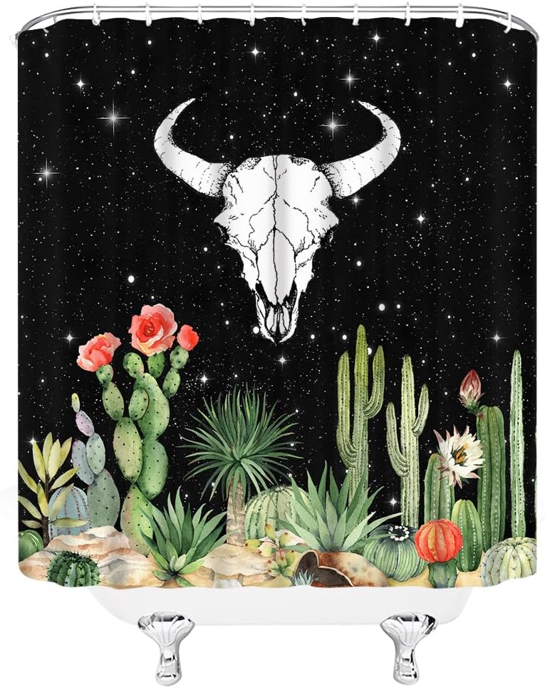 Western Cow Skull Shower Curtain Retro Longhorn Bull Head Tropical Cactus Starry Night Rustic Farmhouse Fabric Bathroom Curtain Set with Hooks(78" Wx70 H)