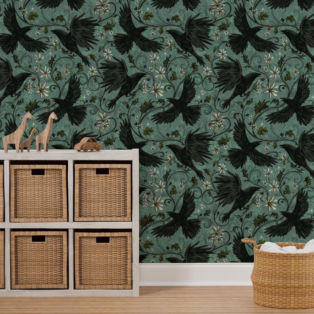 Peel & Stick Wallpaper 3ft x 2ft - Gothic Ravens Autumn Floral Halloween Bohemian Magic Dark Moody Corvid Teal Cyan Custom Removable Wallpaper by Spoonflower