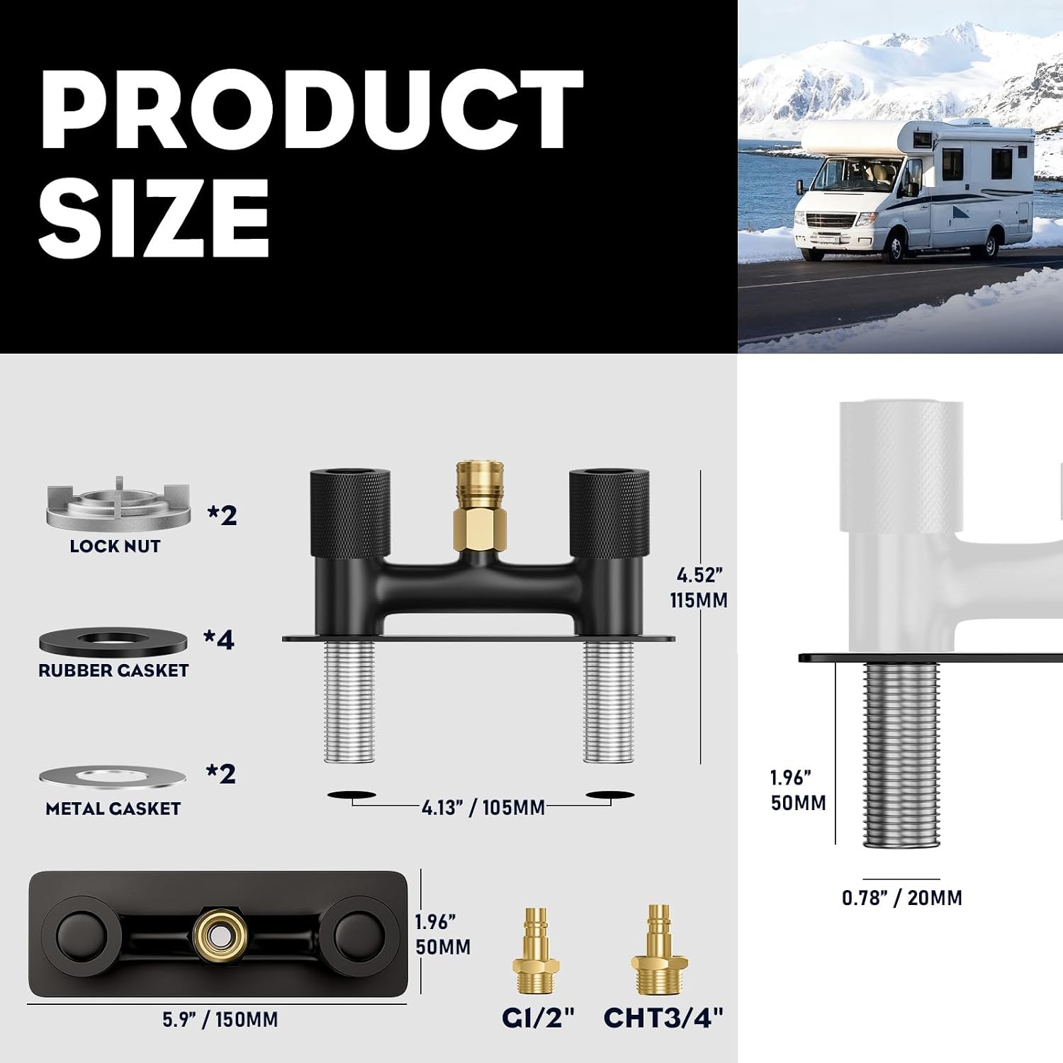 304 Stainless Steel 4" RV Outdoor Shower Valve Kit, Lead-Free Explosion-Proof Camper Shower Faucet, 2-Way Quick Connect Diverter with Filter for Trailer Exterior,Matte Black,RVF01-MB
