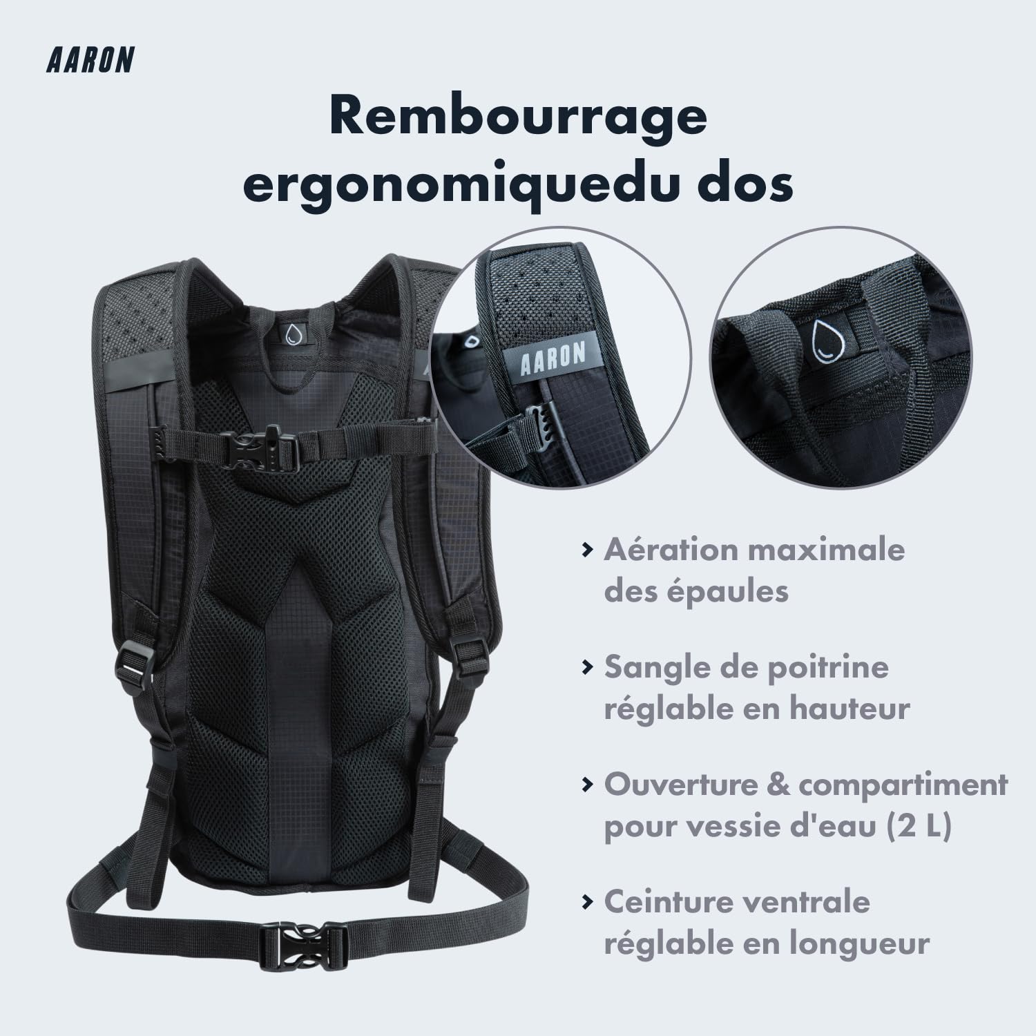 AARON Sac à dos de vélo et sac à dos de ski 8L étanche avec protection contre la pluie, rembourrage dorsal ergonomique pour femmes et hommes Sac à dos de vélo VTT, noir