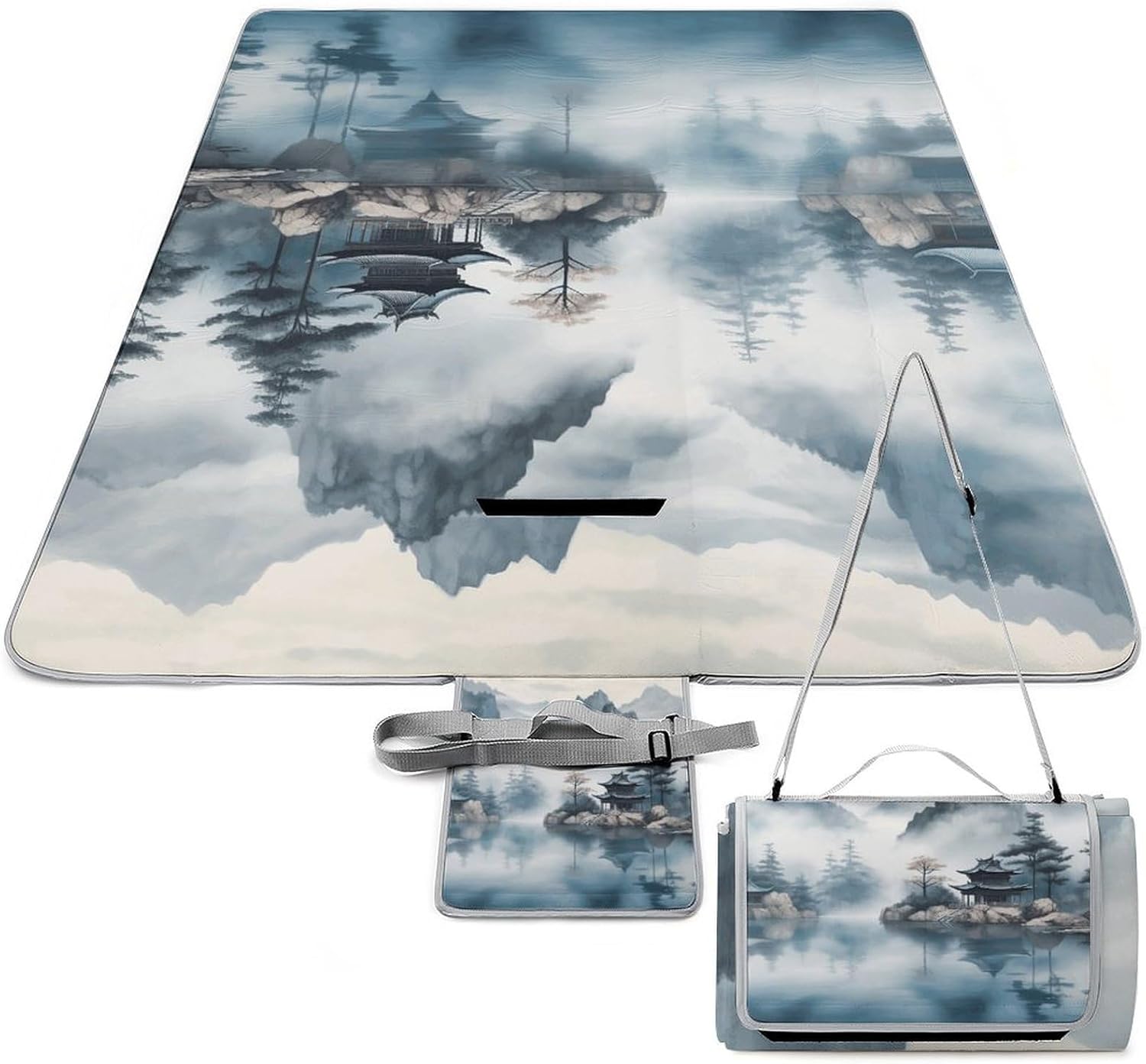 Asian Landscape Painting Waterproof Picnic Blanket 58.3''x58.3'',Portable and Foldable Picnic Mat with Handle,Outdoor Blankets for Lawn Park Beach Travel