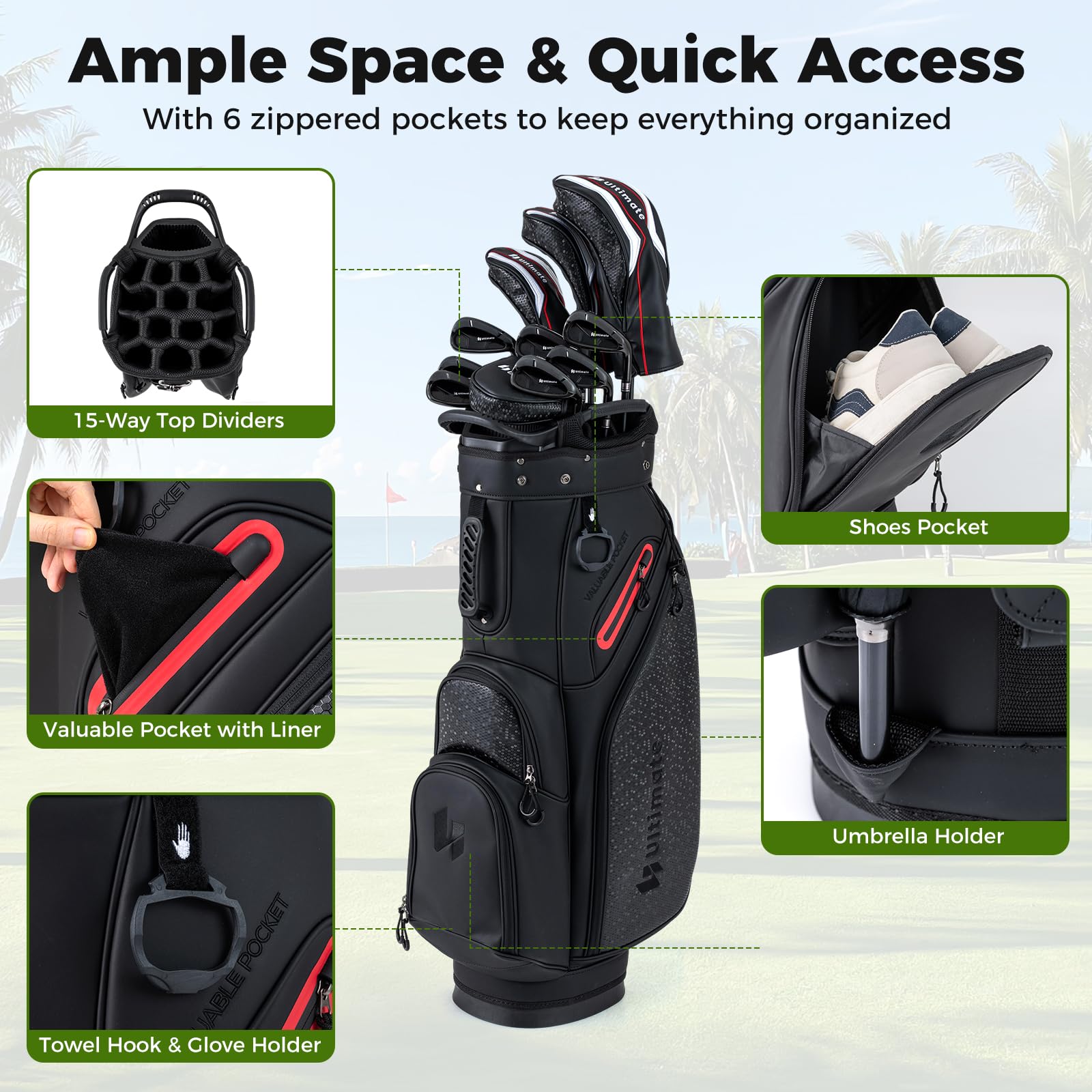LIFEZEAL Komplettes Golf-Set für Rechtshänder, Golftasche, tragbar, leicht, Standbag mit 11 Clubs, Regenhülle und einziehbarem Sockel, Ausrüstung für Herren