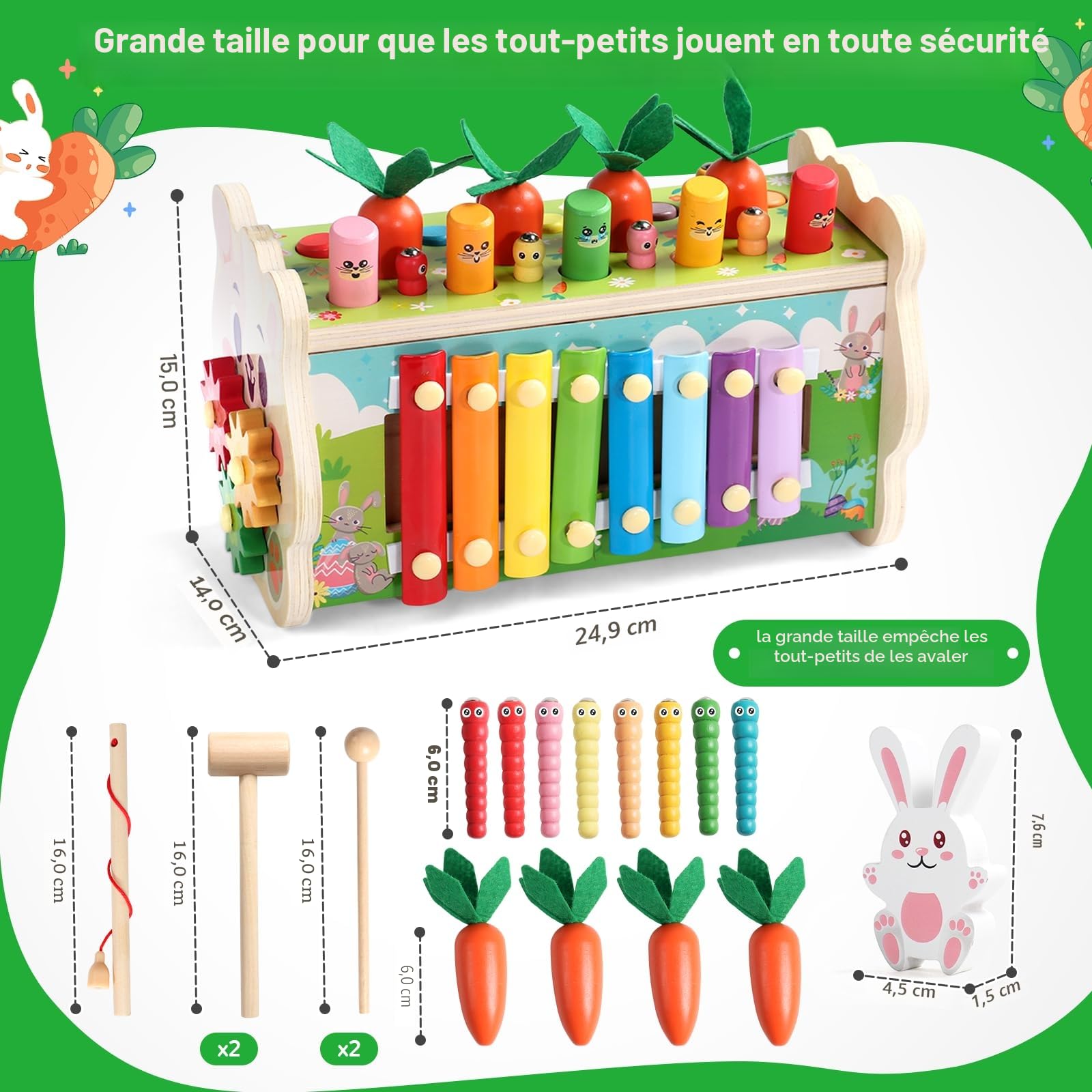 Fajiabao Jouet Bebe 1 an Montessori- 7 en 1 Jeux en Bois Educatif Jouet Enfant 1 an Jeu Marteau et Xylophone Bebe, Cueillir Les Navets, Cadeau Enfant 1 2 3 Ans Garcon Fille Anniversaire