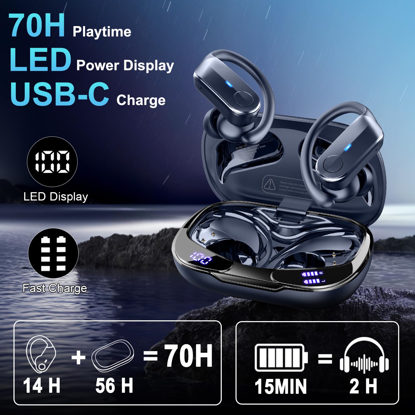Cuffie Bluetooth sportive, 70 ore, in-ear, Bluetooth 5.4, HiFi stereo bassi profondi, senza fili, con 4 microfoni antirumore, IPX8, impermeabili, con gancio per le orecchie, indicatore LED, Android