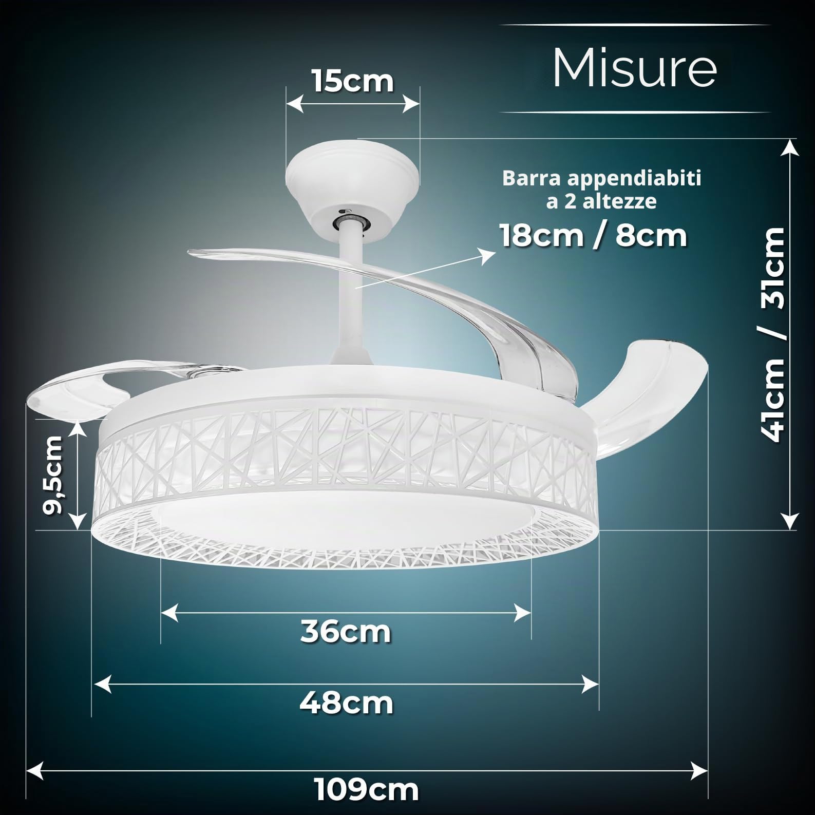 LED ATOMANT 2x Ventilatore LED 4 Pale Retrattili Diam 109cm 72W CCT Dimmer | 4100 lumen, Telecomando, Modalità estate/inverno, 6 velocità