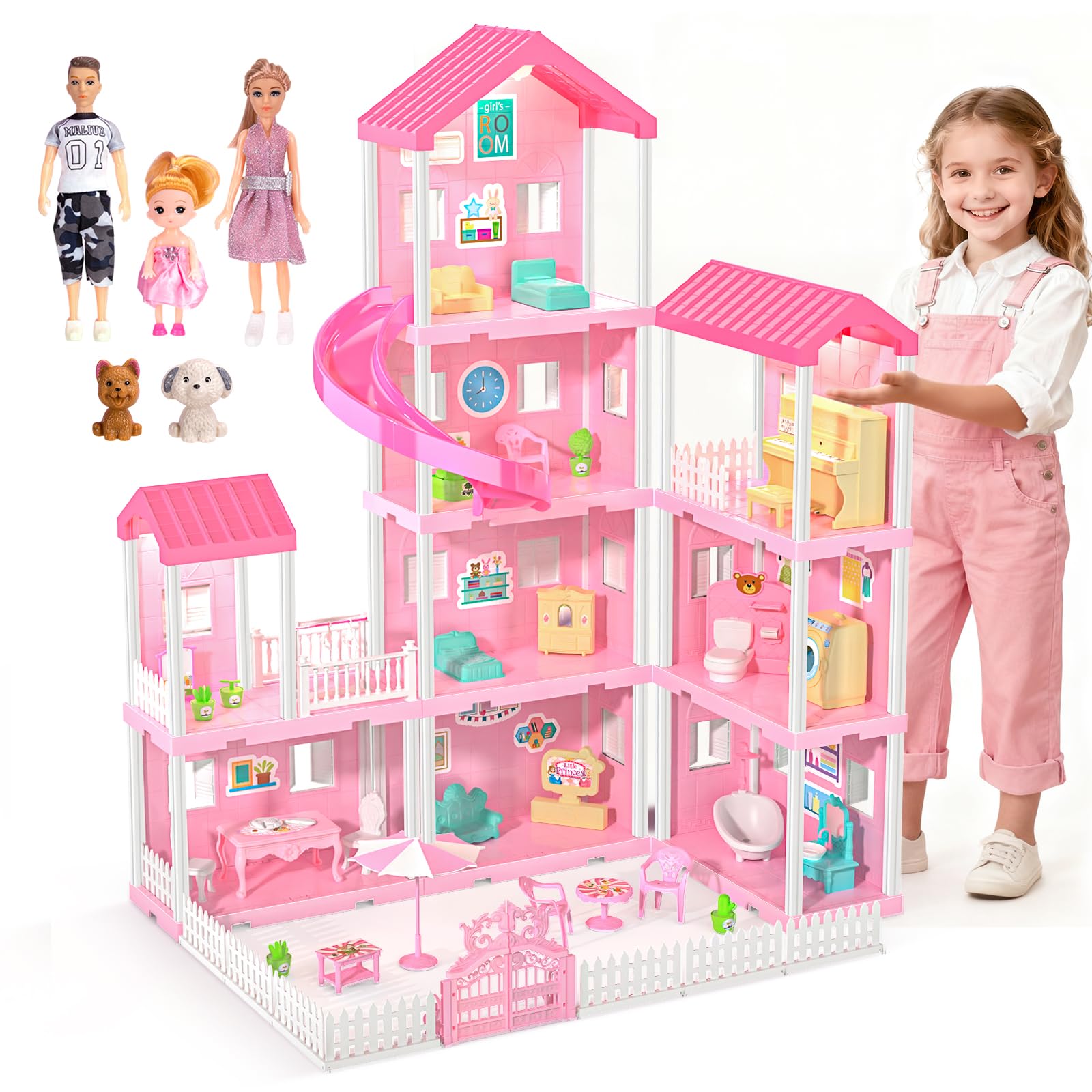 Dreamy Dollhouse Playset for Girls,Princess Doll House with 4-Story 10 areas 2 Dolls, Lights, Pets,Furniture & Accessories, Pretend-Play Toddler Playhouse Gift for 3 4 5 6 7 8 9+ Year Old Girls Toys