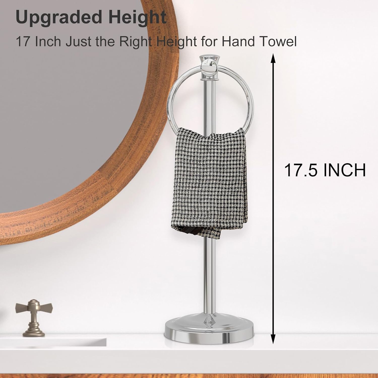 Hoimpro 17 Inch Stand Hand Towel Holder Towel Bar Towel Hanging Ring, Free Standing Floor Hand Towel Rack Storage for Bathroom Kitchen Vanity Countertops, Hardware Accessories(Polished Chrome) - Image 2
