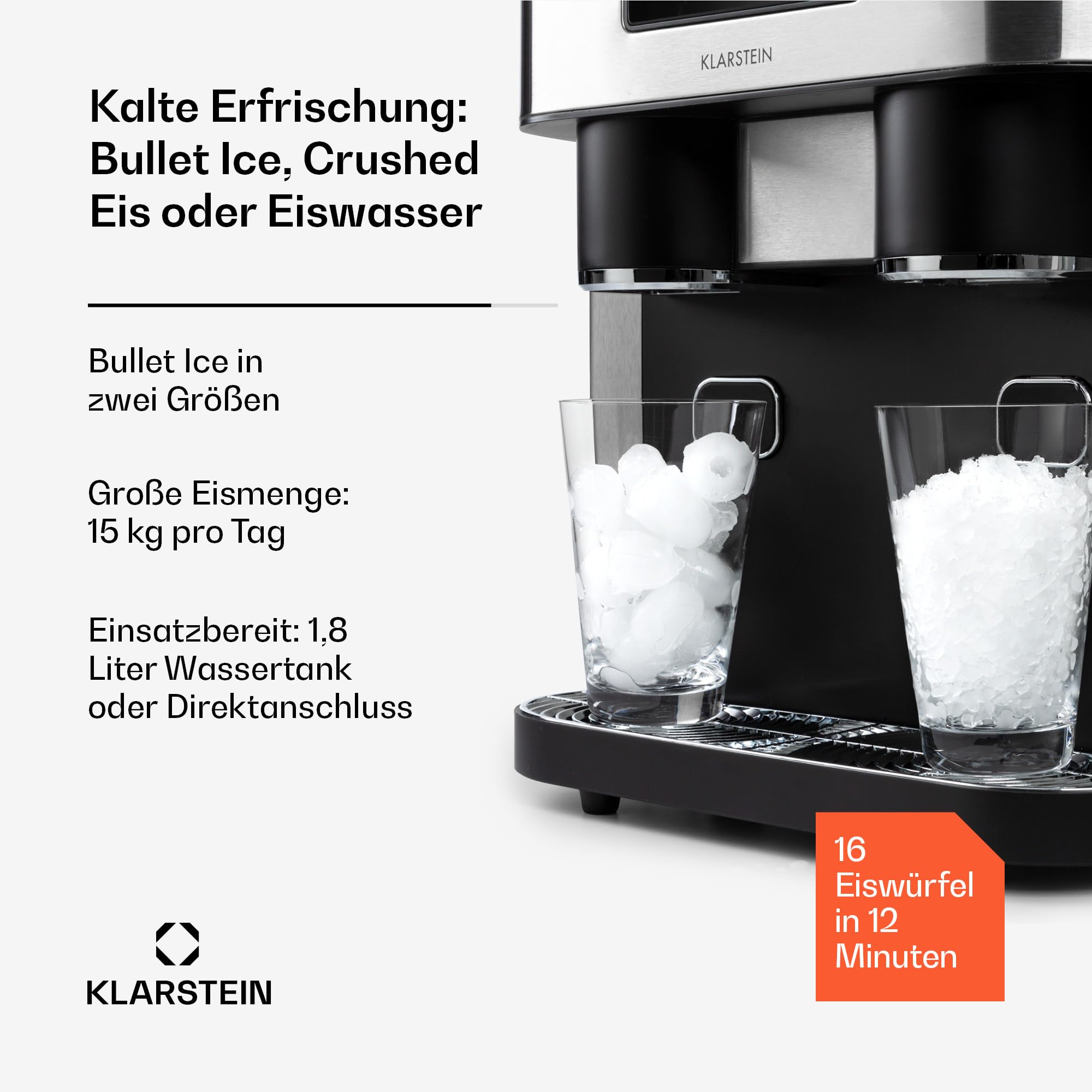 Klarstein Eiszeit Crush Eiswürfelmaschine Edelstahl/Silber – 1,8 L Tank, 15 kg/24 h, Eis in 12 Min, ~16 Würfel/Zyklus | Würfel & Crushed Ice, Touch-Display, Voll- & Wasser-Alarm