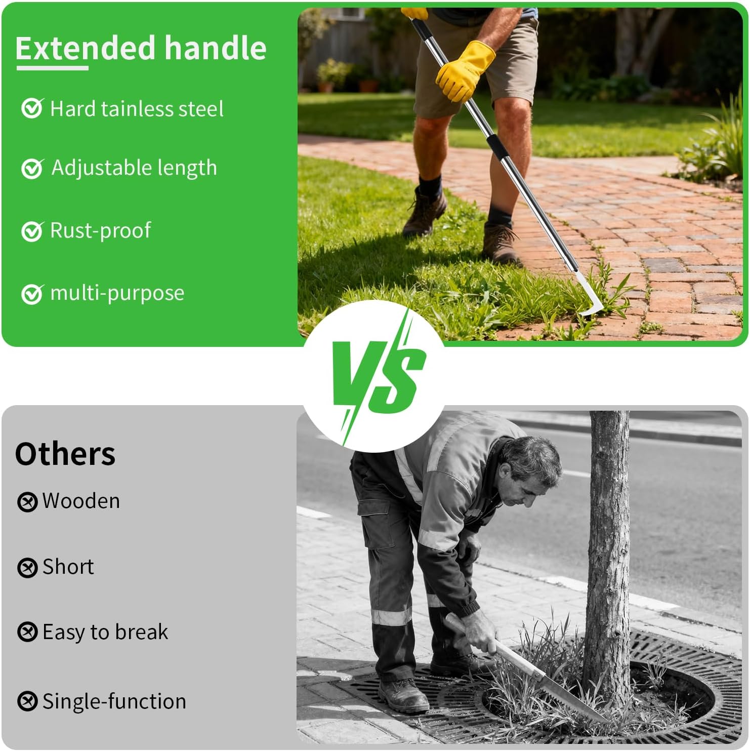 3-in-1 Multi-Function weed puller tool set: Crack Weeder, Moss Scraper Brush & Hoe Head, Interchangeable Heads with Adjustable Long Handle, Manual Weed Remover for Driveways, Patios & Garden Cracks