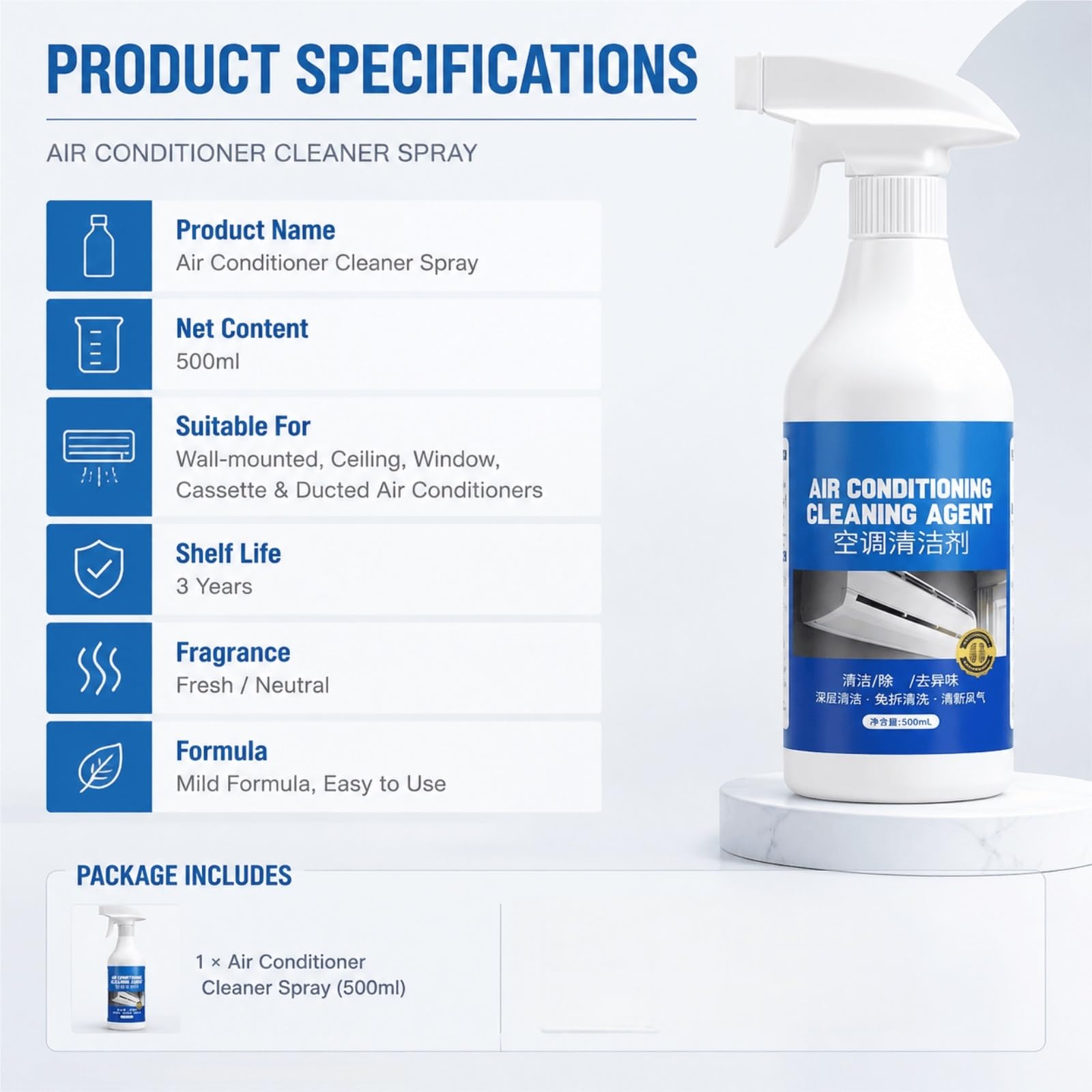 Limpiador for Aire Acondicionado En Spray, Espuma Profunda for Limpiar Las Bobinas, 500ml X 3, Fórmula Sin Enjuague, Aire Más Fresco, Descompone La Suciedad/El Polvo/La Grasa