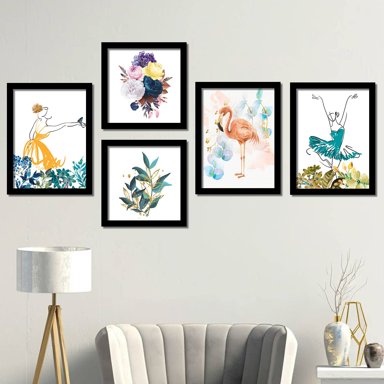 BANGERZ Painting with Frame Bohemian Birds Art prints Paintings for Home Decor - Framed Wall Decoration - Wall Paintings for Living Room Office Set of 5