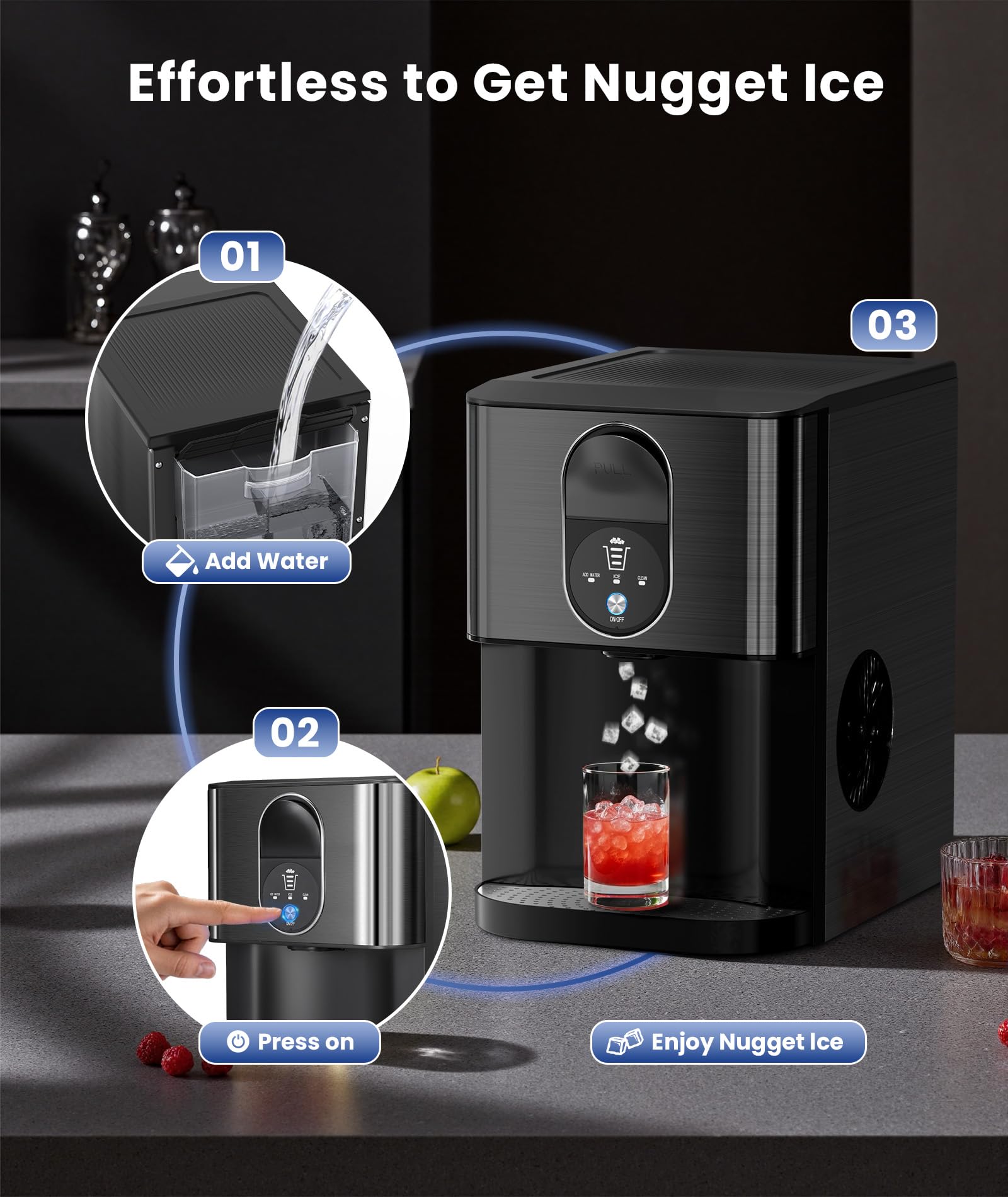 Cowsar Nugget Ice Maker Countertop, 44lbs/24h Soft Chewable Pellet Ice Machine With Dispenser, Self-Cleaning, 2.4l Removable Water Tank, One-Click Operation, Ideal For Home/Kitchen/Bar/Office, Black on Fridge.com - View 5