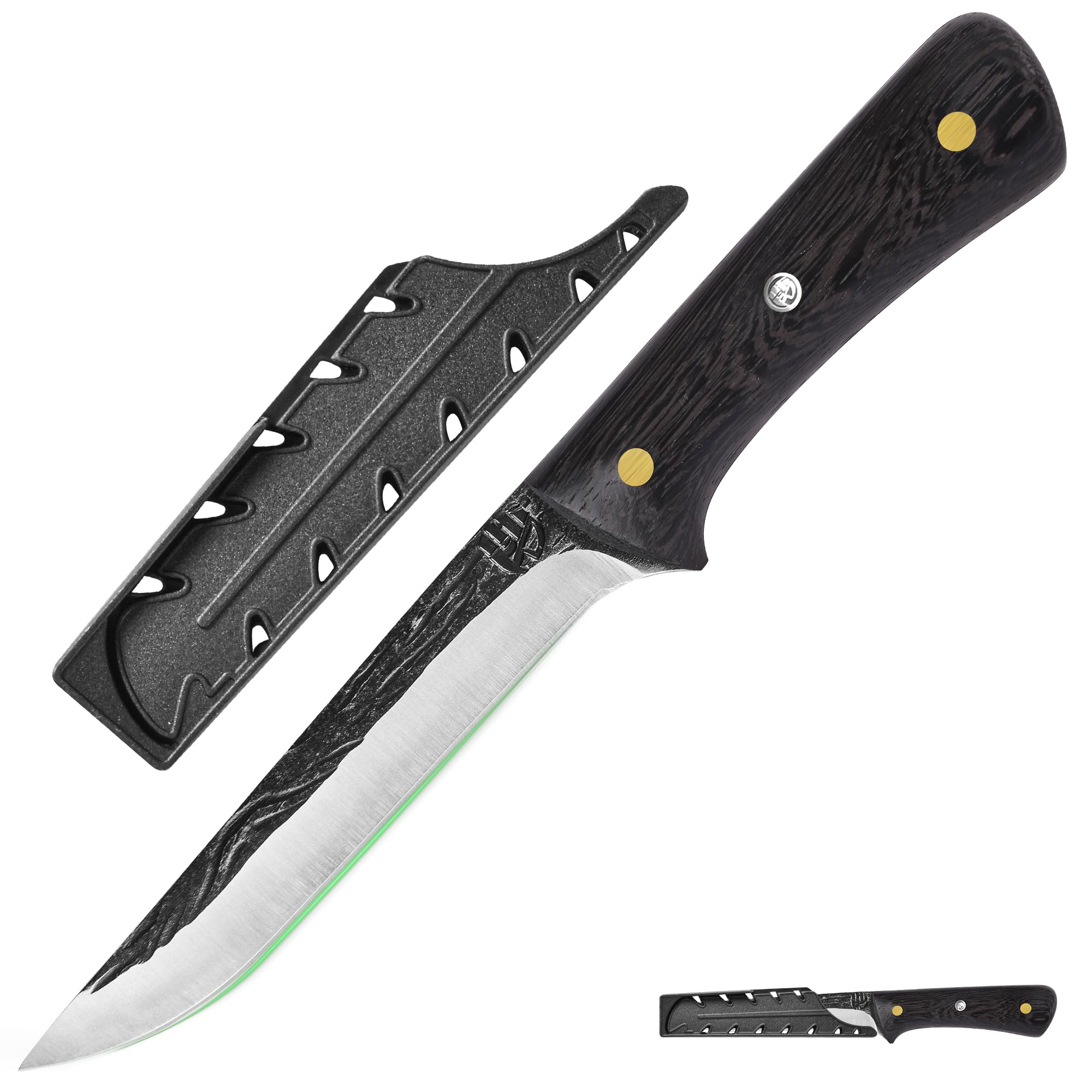 FULLHI 2pcs Manico in legno per disossare con fodero, coltello da pesca in acciaio ad alto tenore di carbonio per affettare e disossare, per cucinare in campeggio e per il barbecue. (Marrone, 14.1cm)