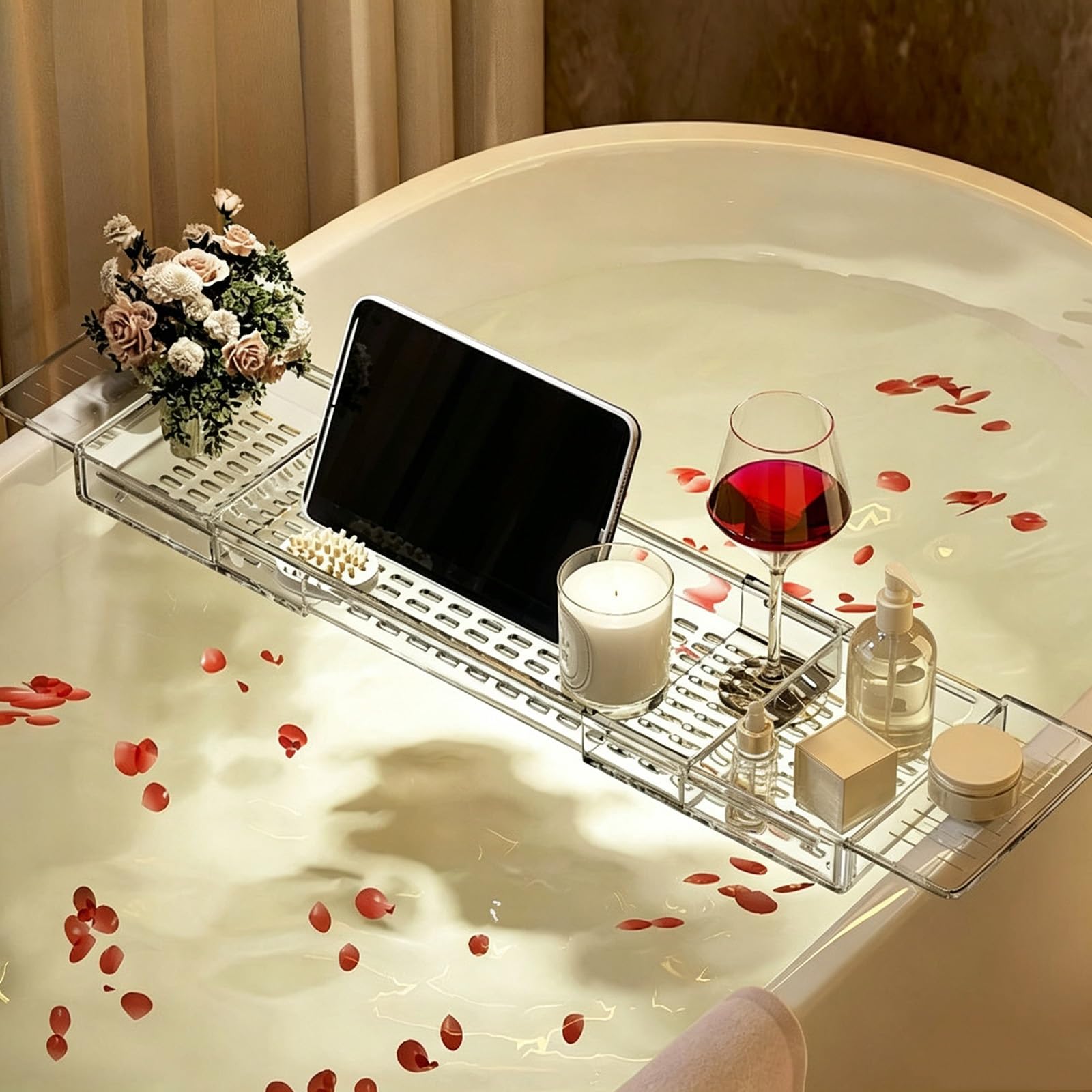 Mensola Estensibile in Plastica per Spa 56 a 80cm, Portata Massima 5kg | Cestino Antiscivolo per Vasca da Bagno per Accessori da Bagno Libri e Vino Adatto Alla Maggior Parte Delle Vasche