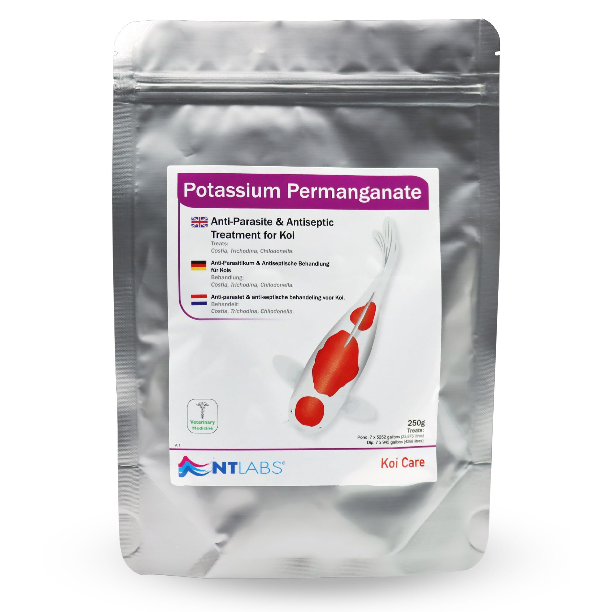 Koi Care Potassium Permanganate, Anti-Parasite & Antiseptic Treatment for Koi, Treats: Costia, Trichodina, Chilodonella (250g)