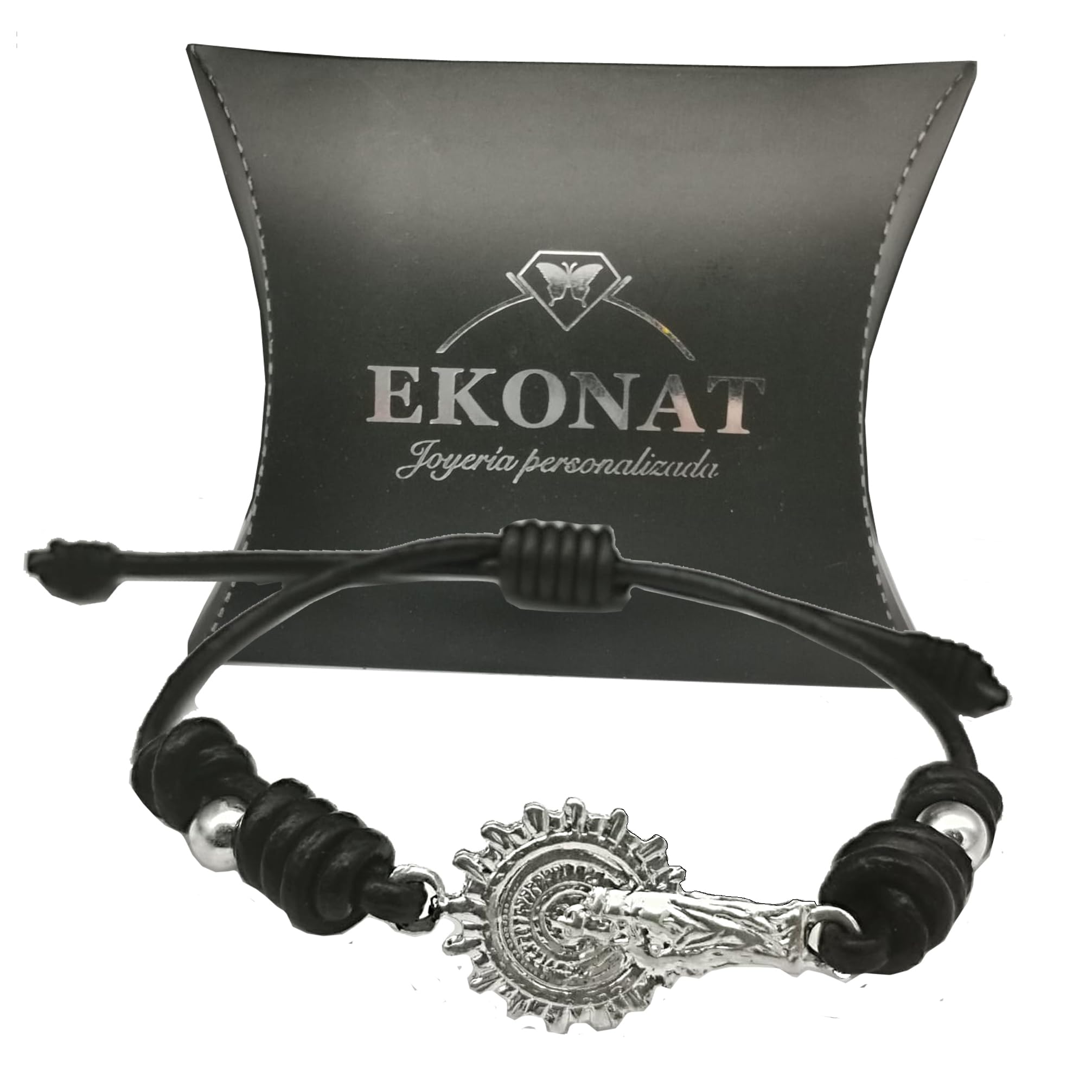 EKONAT JOYERIA PERSONALIZADA Pulsera Virgen del Pilar plata con cuero - pulsera virgen del Pilar ajustable- pulsera cuero con virgen del Pilar en plata