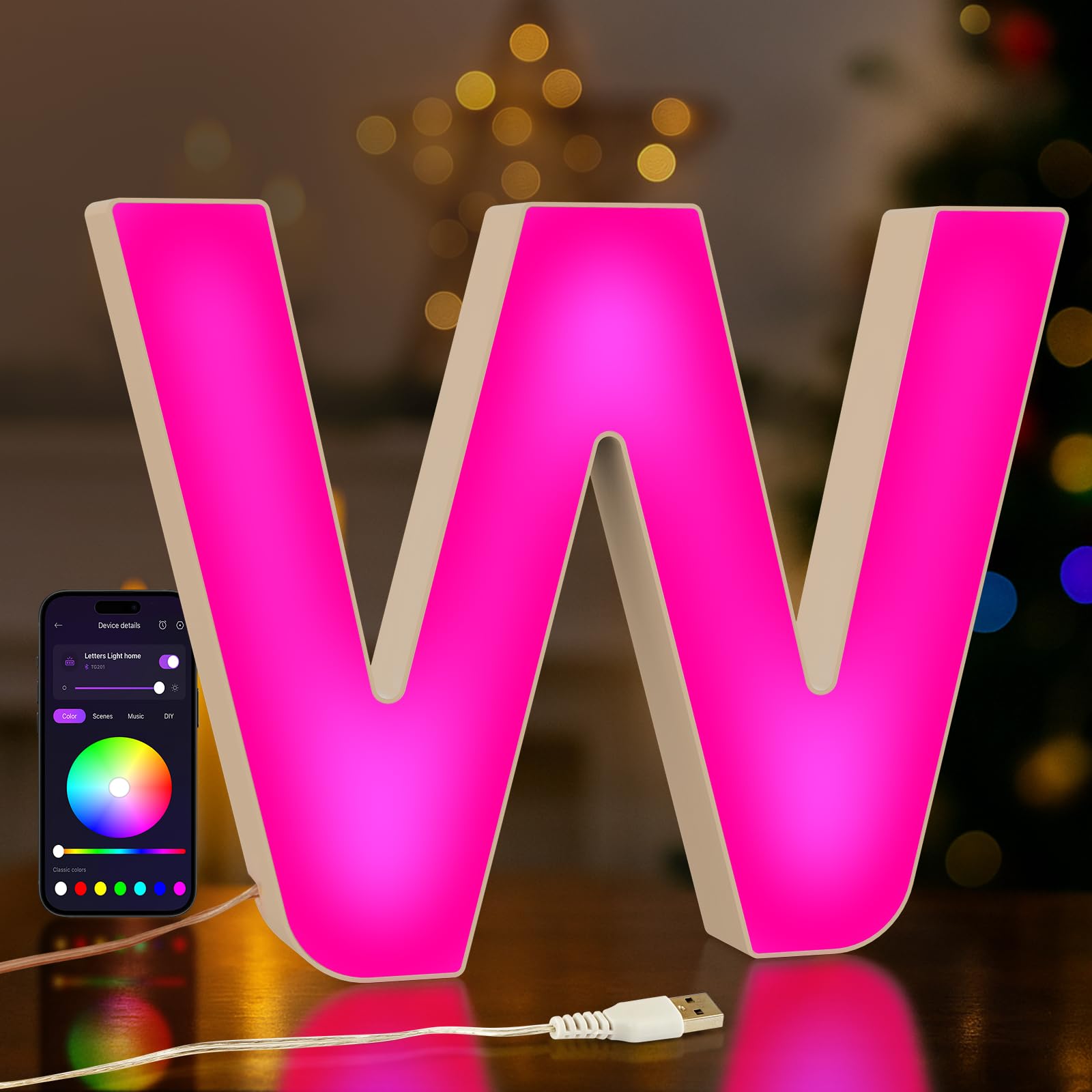 UooEA LED Light Up Letter W – USB Colour Changing Night Light with APP, Gift for Girls, Teens, Mum, Bedroom Decor, Wall/Table Display, Birthday & Christmas