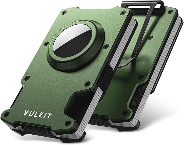 VULKIT Portefeuille minimaliste Slim pour hommes avec argent Clip- RFID Blocage avec AirTag Porte-monnaie en métal, Army Green