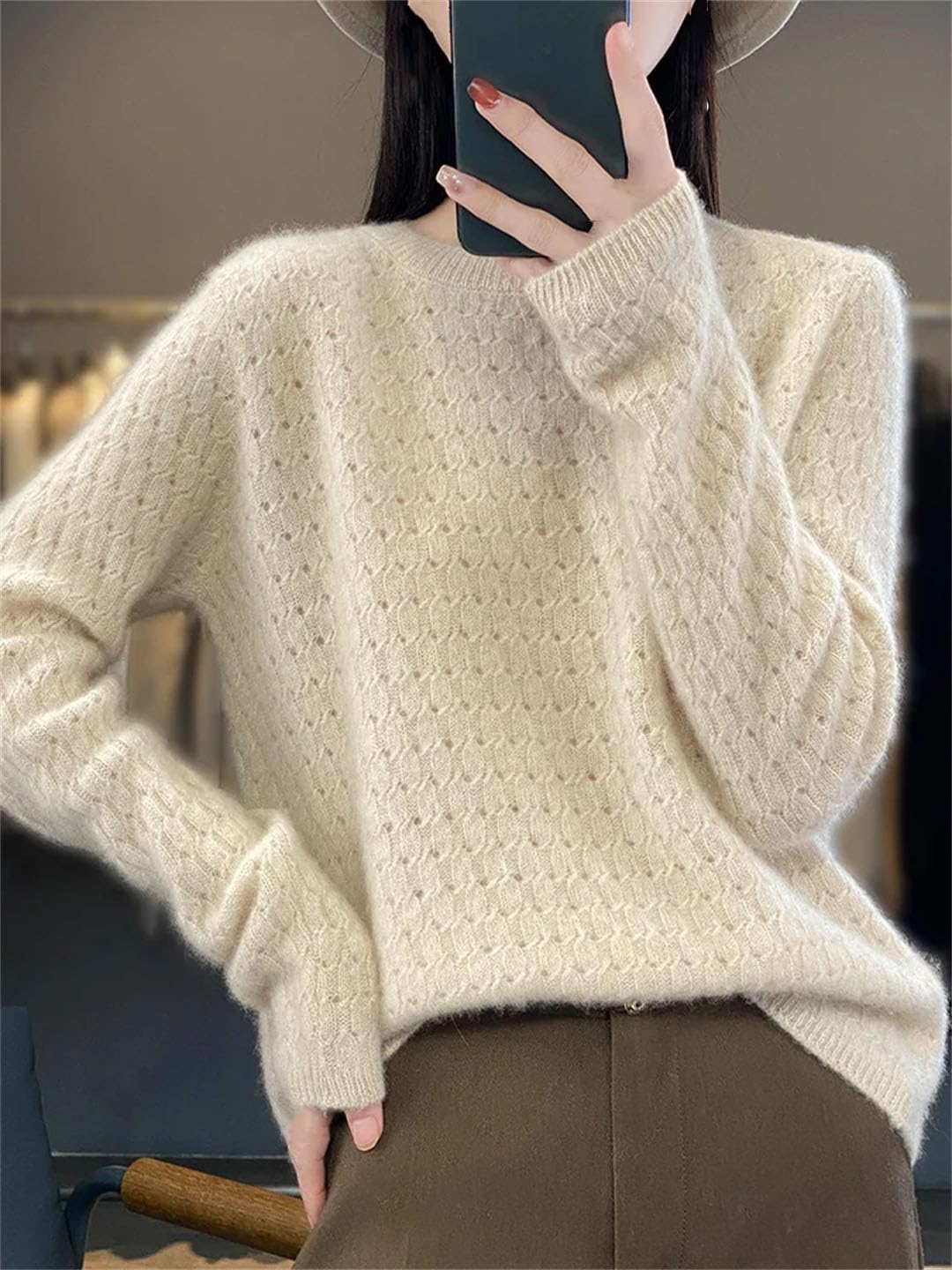 Vogrtcc Maglione di Lana A Maniche Lunghe con Scollo A O da Donna Top Pullover in Maglia Oversize Larghi E Casual