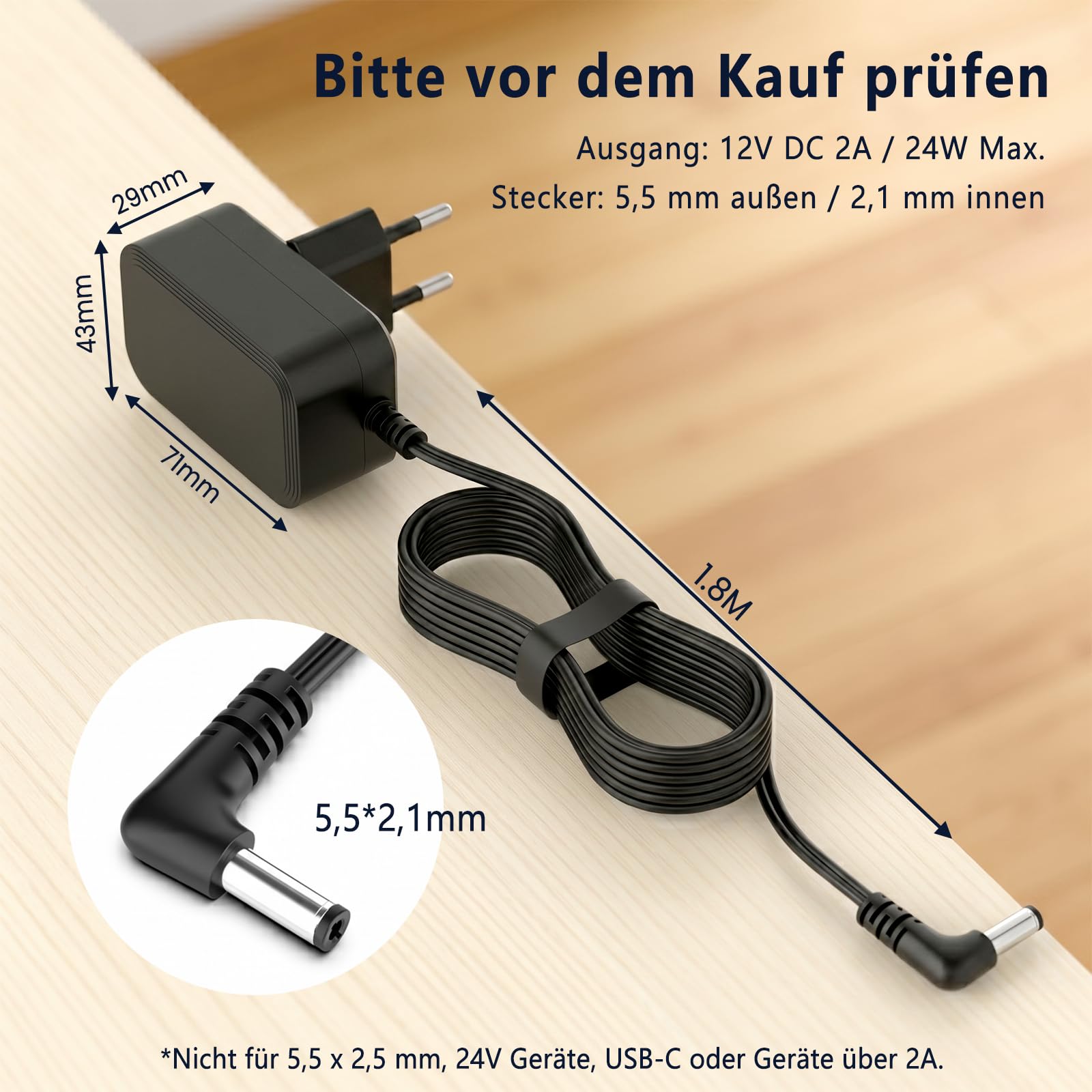 Zasilacz sieciowy 12 V 2 A 24 W z wtyczką drążoną DC 5,5 x 2,1 mm | Do taśm LED, kamer CCTV, DVR NVR, routera WLAN, TV Box